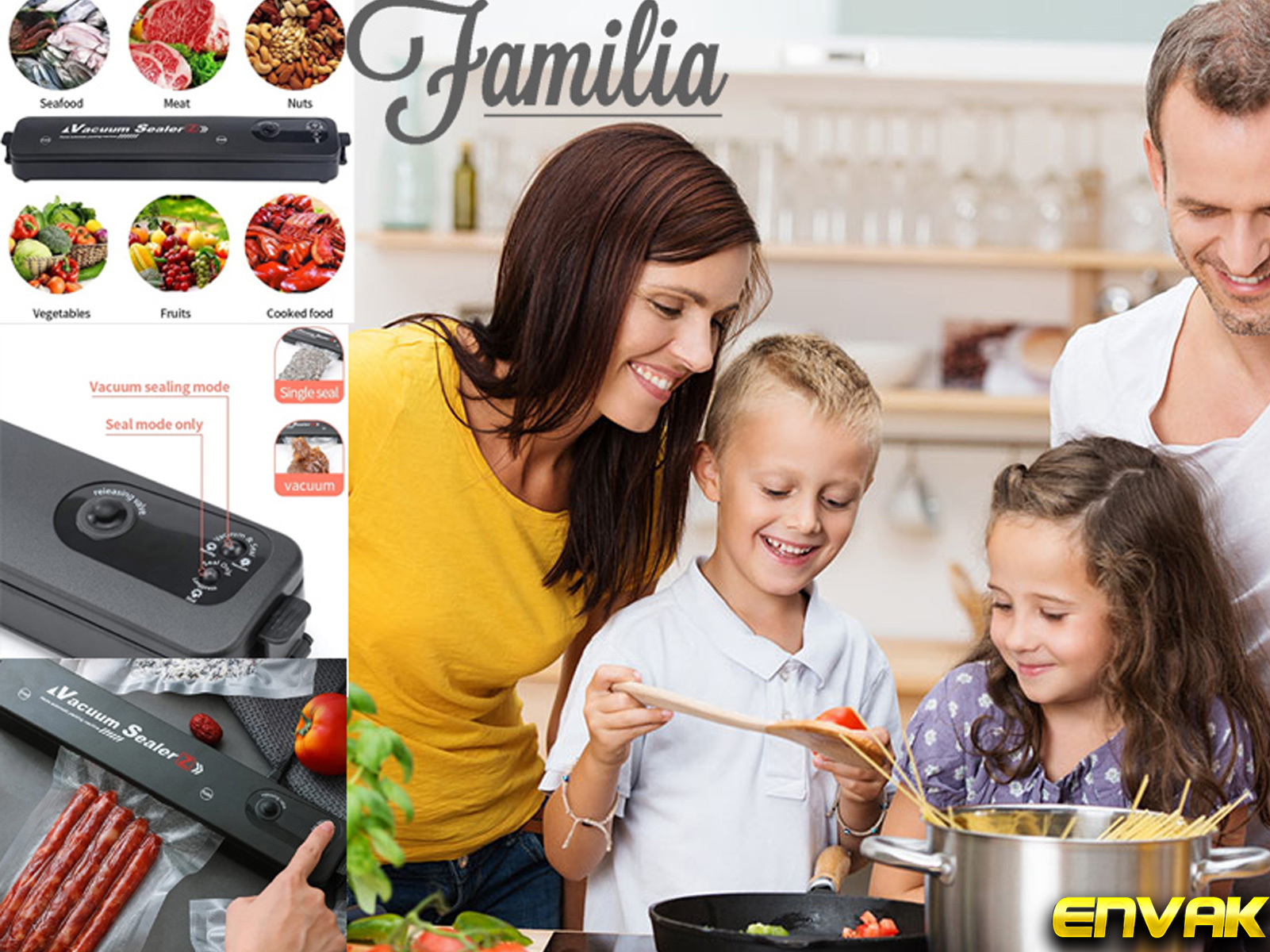 Familia en cocina, selladora al vacío y alimentos: carne, frutos secos, verduras, frutas, comida cocinada.