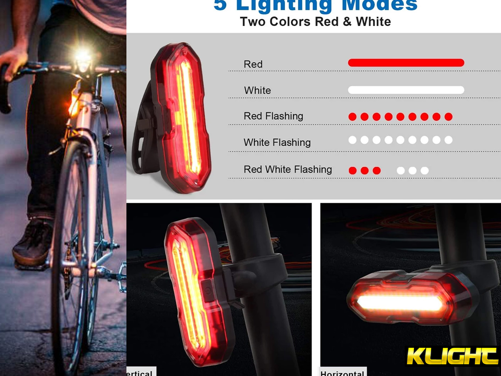 Un ciclista y una luz de bicicleta con diferentes modos (rojo, blanco, rojo intermitente, blanco intermitente, rojo/blanco intermitente).