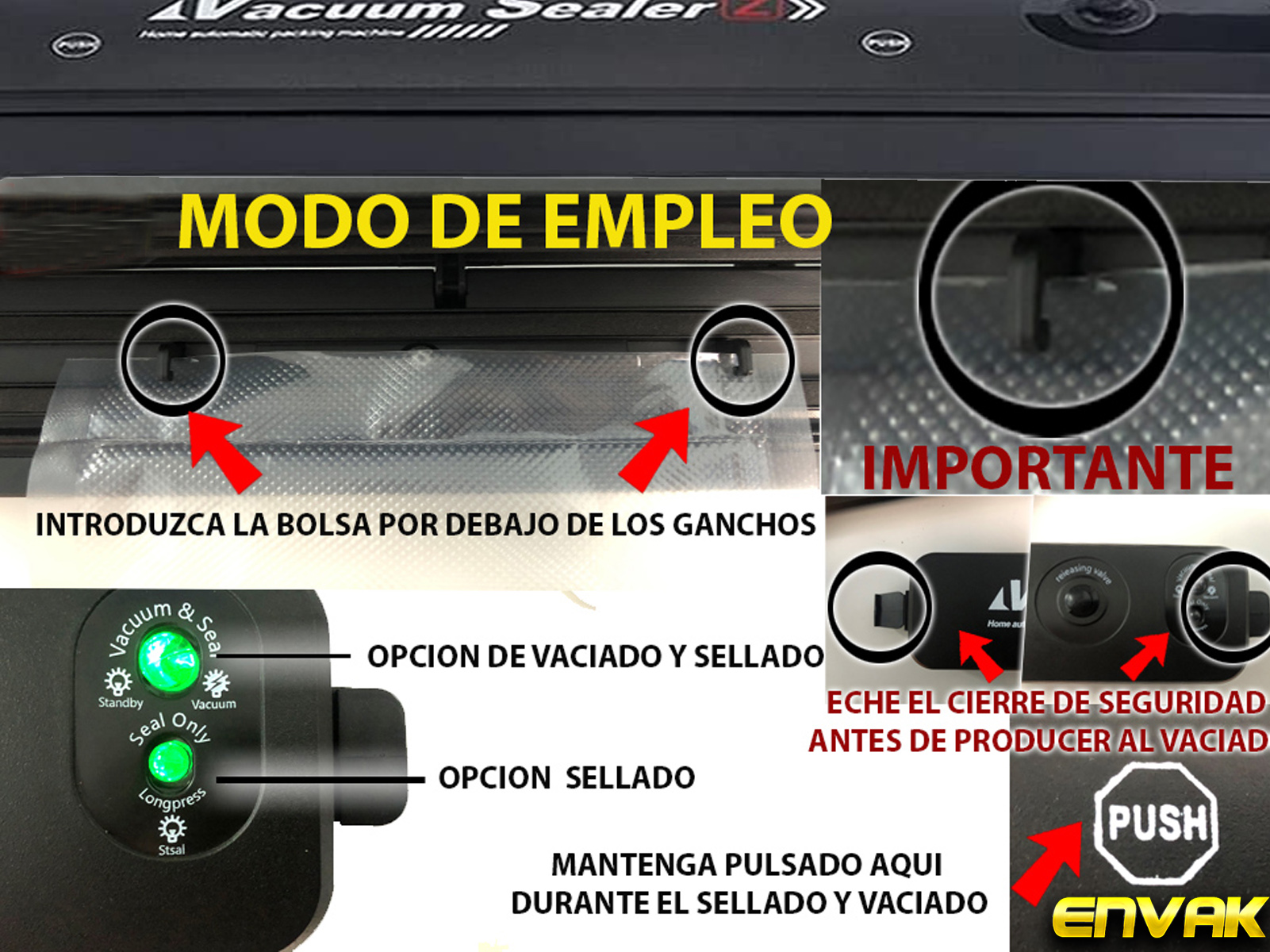 Sellador al vacío con instrucciones en español. Texto y flechas indican opciones de vacío y sellado.