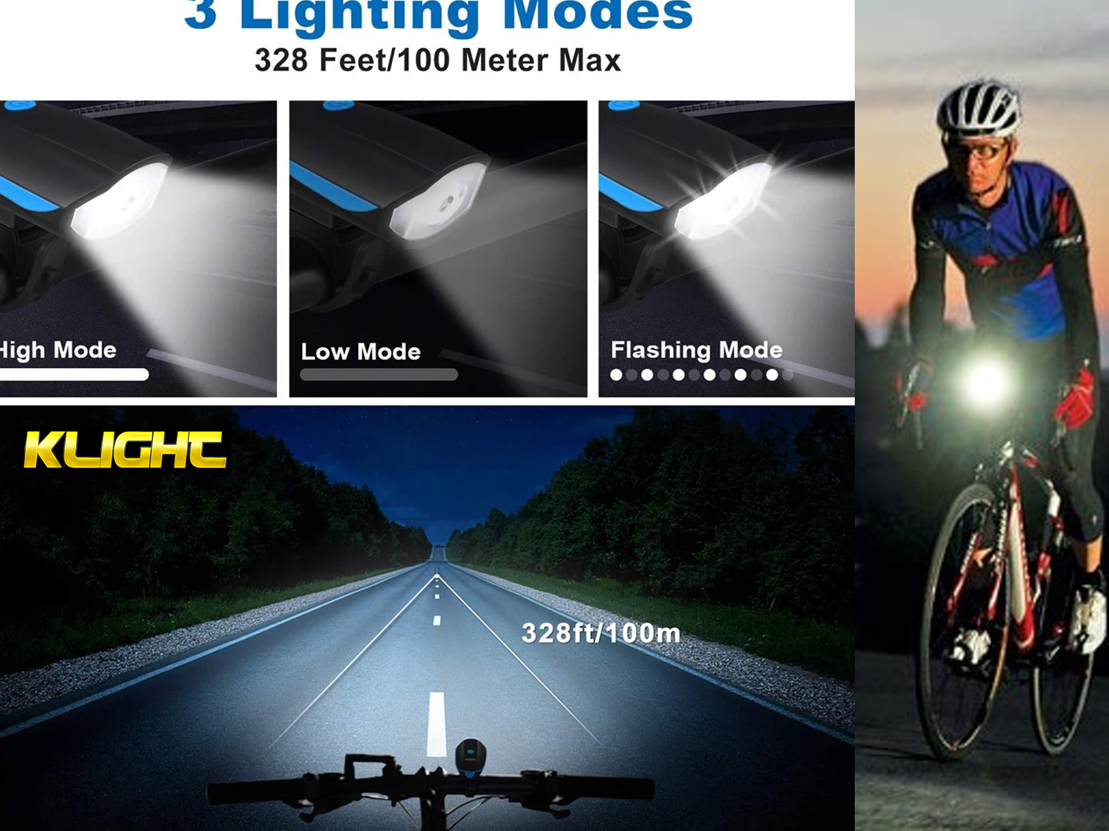 Un ciclista con un faro brillante en una carretera. Se muestran tres modos de iluminación.