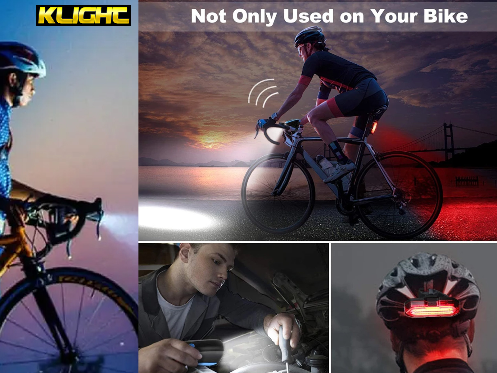Un ciclista con una luz de bicicleta y otros ejemplos de iluminación.