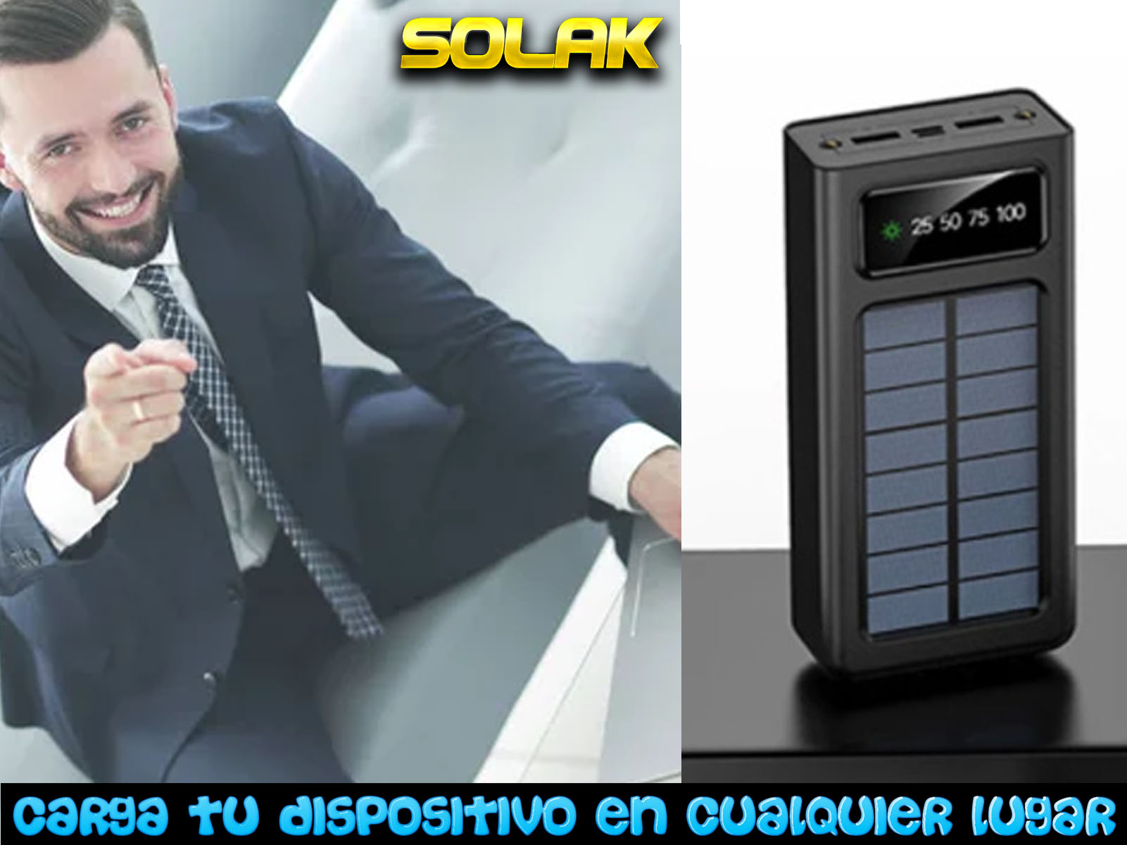 Un hombre en traje sonríe y señala un banco de energía solar. Texto: Carga tu dispositivo en cualquier lugar.