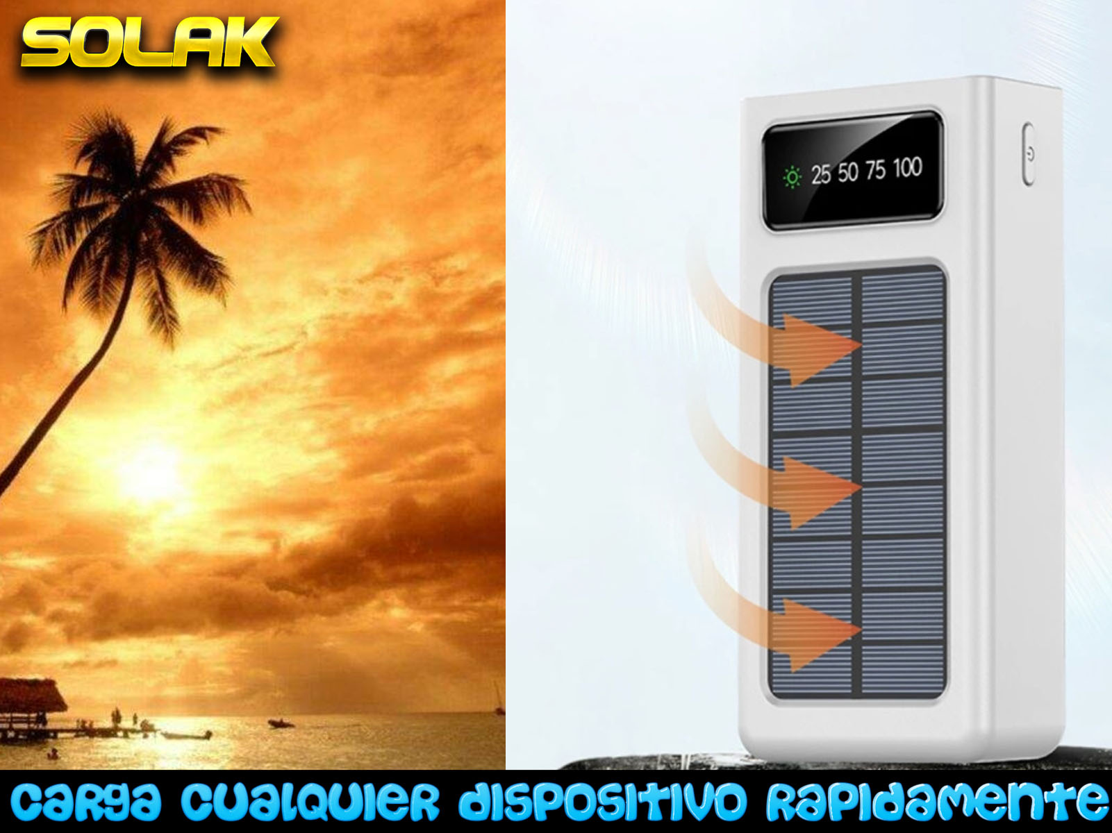 Cargador solar con paneles e indicadores junto a una puesta de sol en la playa con palmeras.