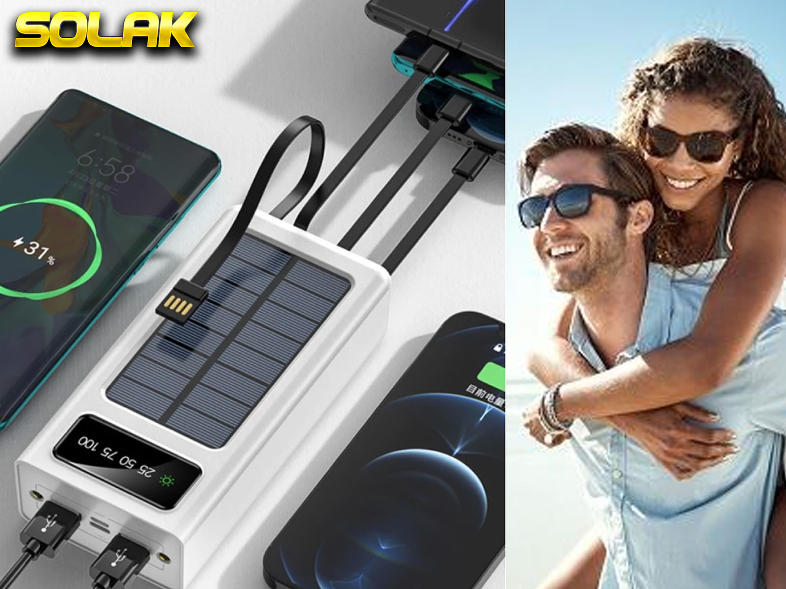 Un banco de energía con teléfonos cargando, y una pareja sonriendo en un día soleado.
