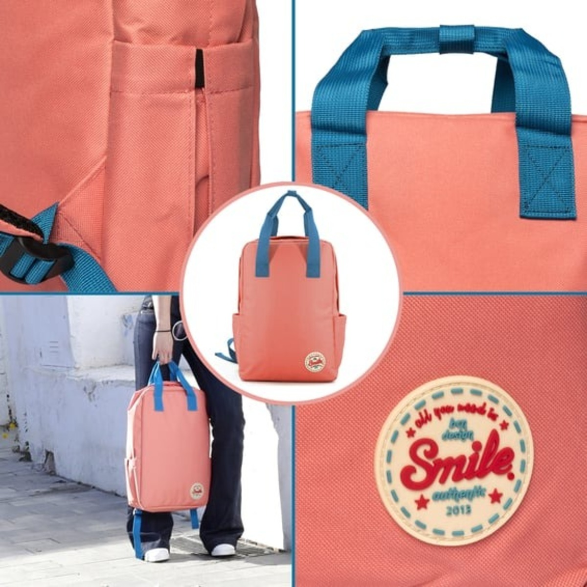 Mochila coral con correas y asa azules. Primeros planos muestran bolsillos y parche 'Smile'.
