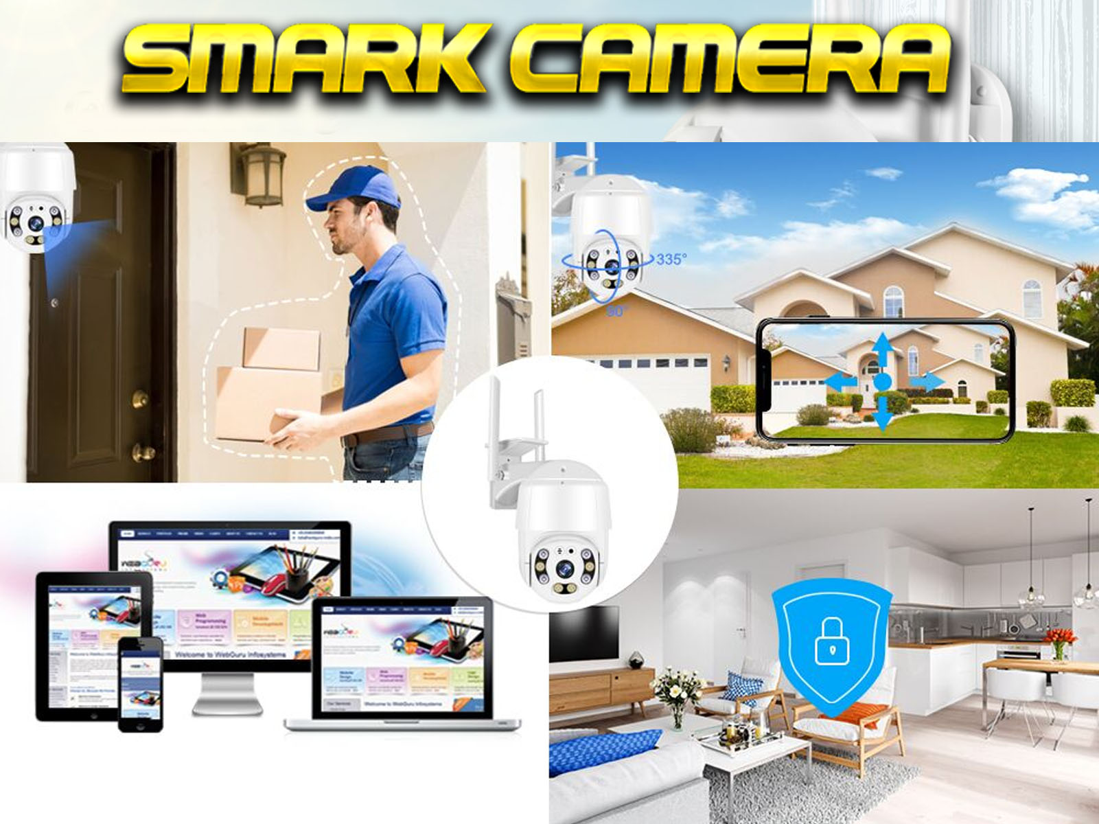 Una imagen promocional de Smark Camera, mostrando una casa y varias vistas de cámara.