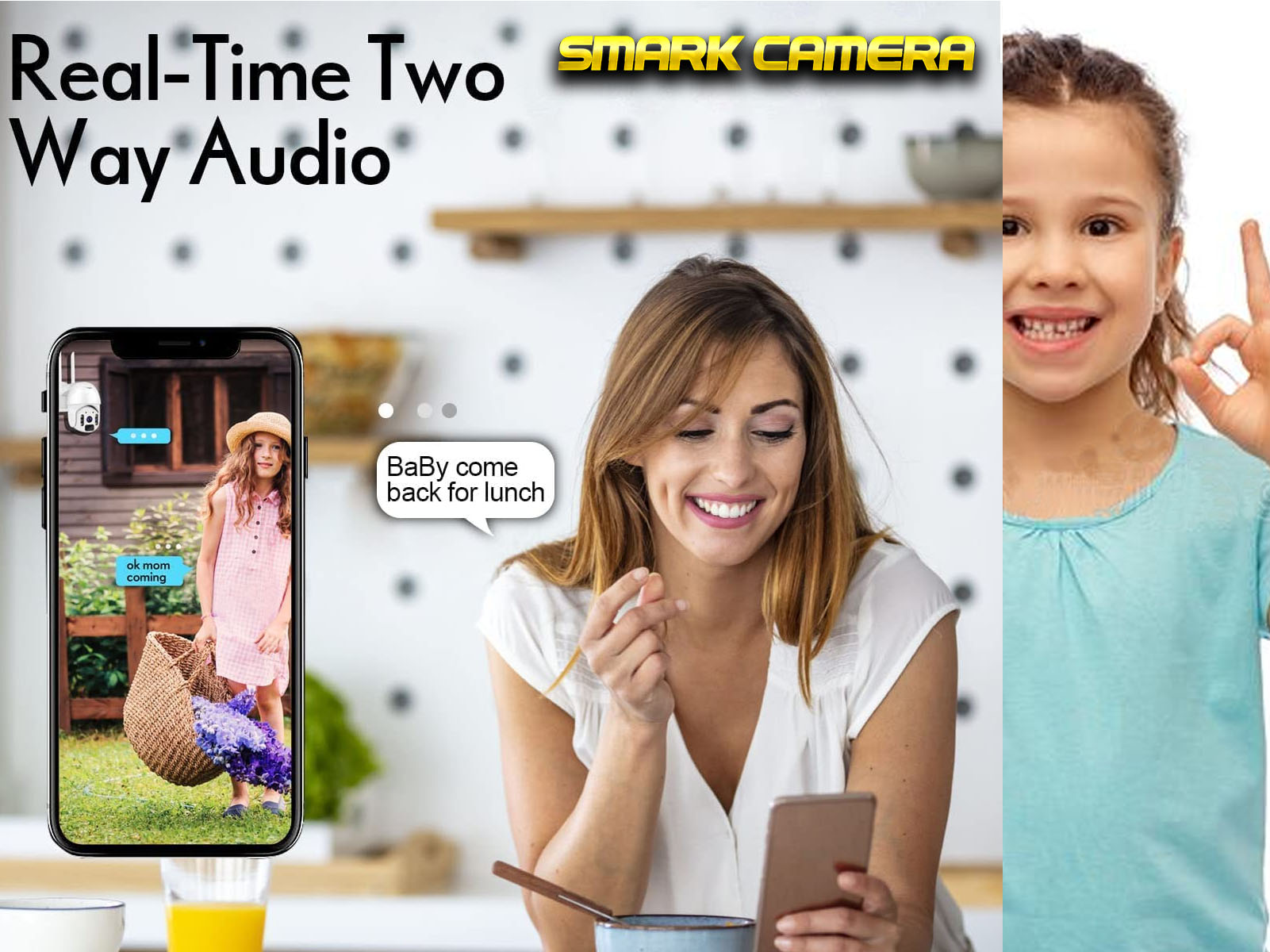 Una imagen dividida que muestra a una mujer y un niño interactuando a través de un smartphone, con texto sobre audio en tiempo real.