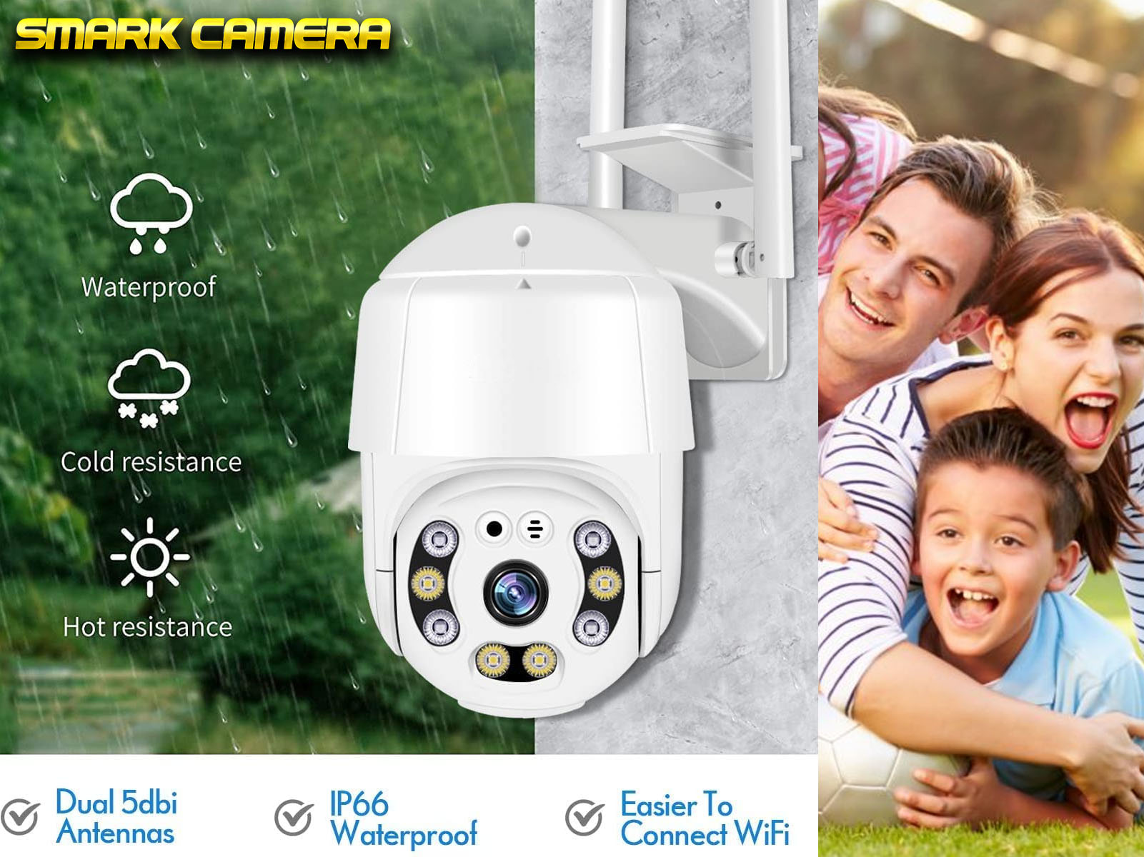 Una cámara de seguridad blanca con antenas duales, características impermeables y una familia feliz.