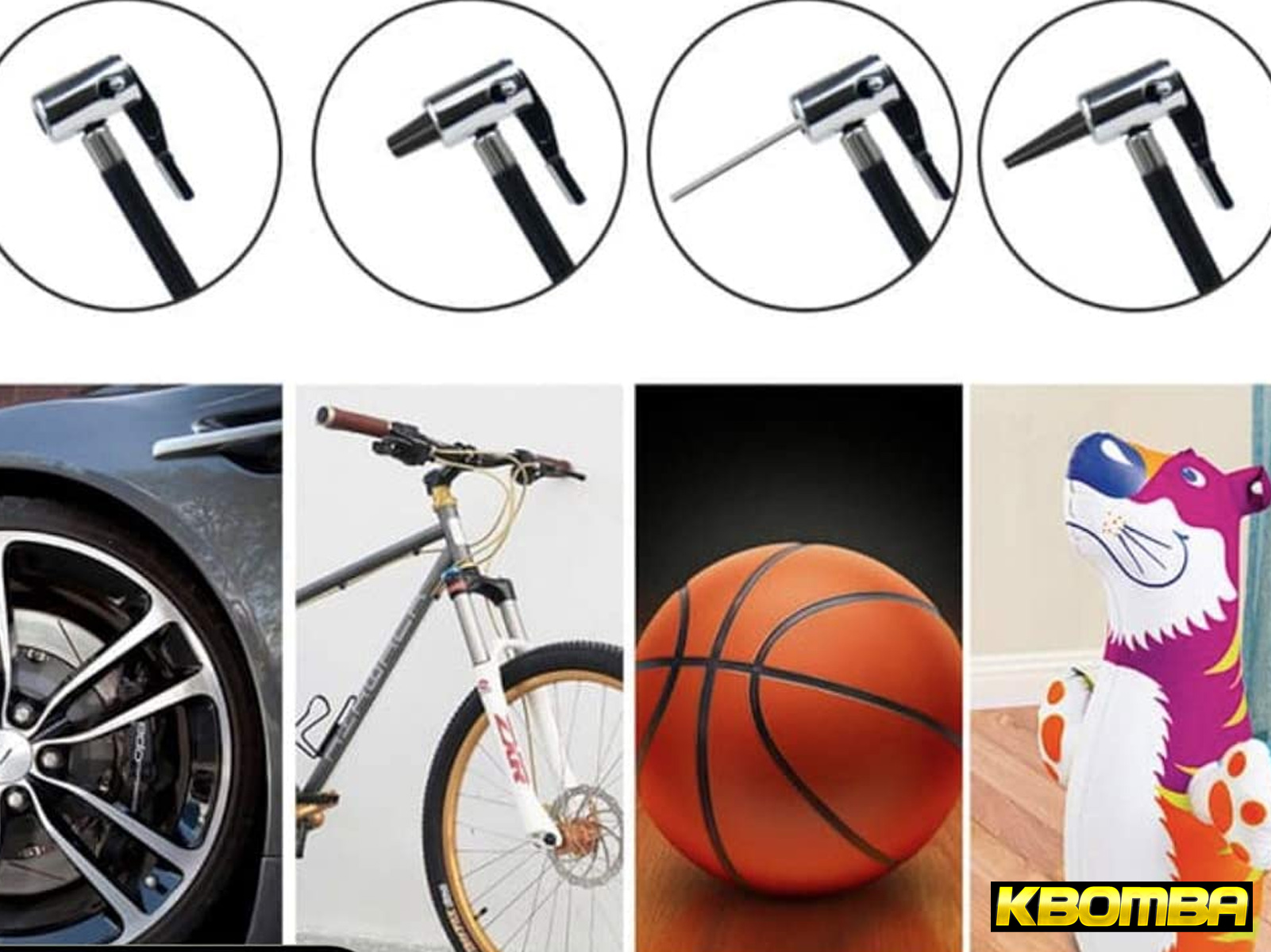 Múltiples imágenes: inflador de neumáticos, rueda de coche, bicicleta, baloncesto y juguete de tigre inflable, todo en blanco.