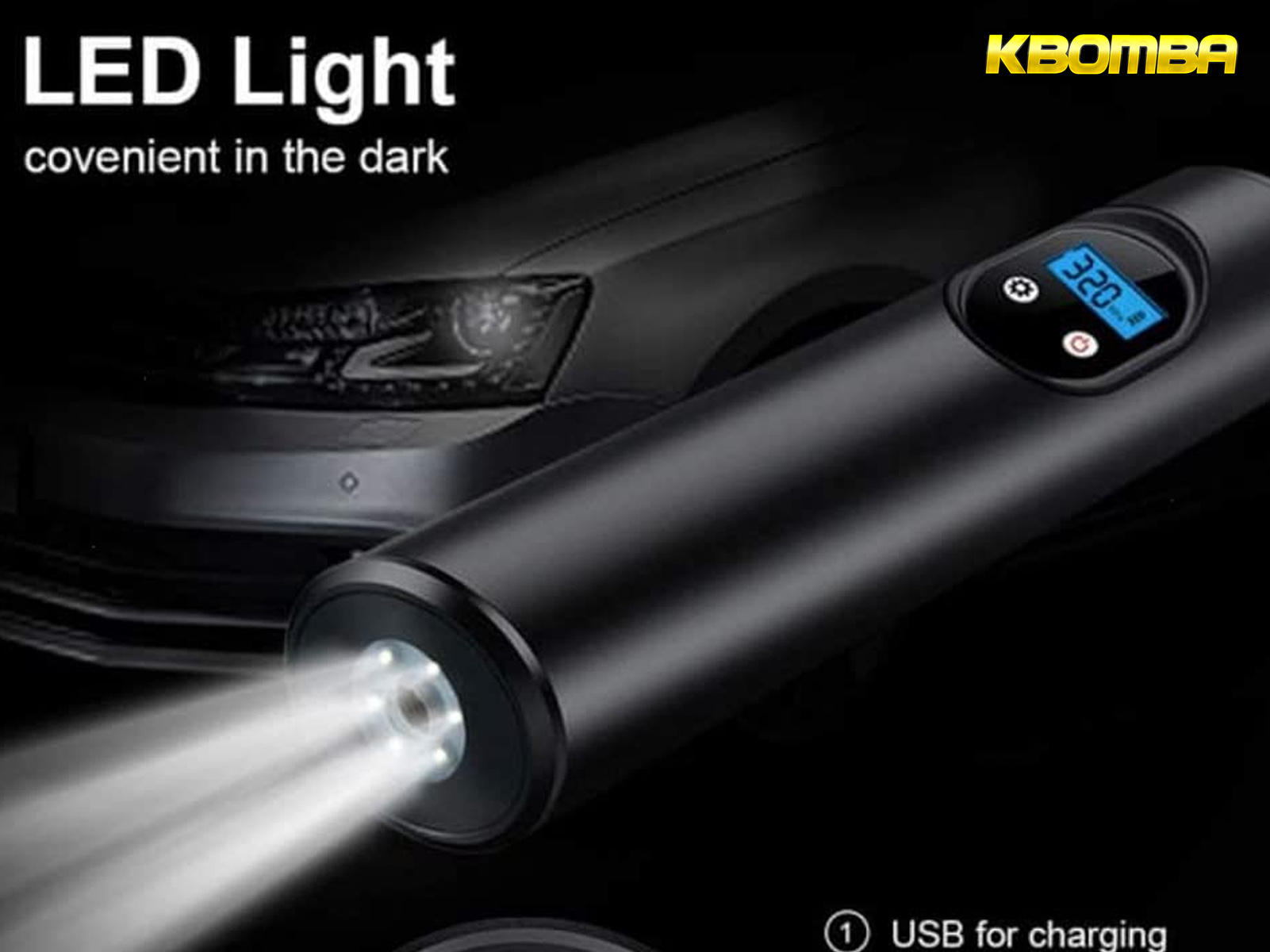 Luz LED negra, con pantalla digital azul y haz de luz blanca brillante.