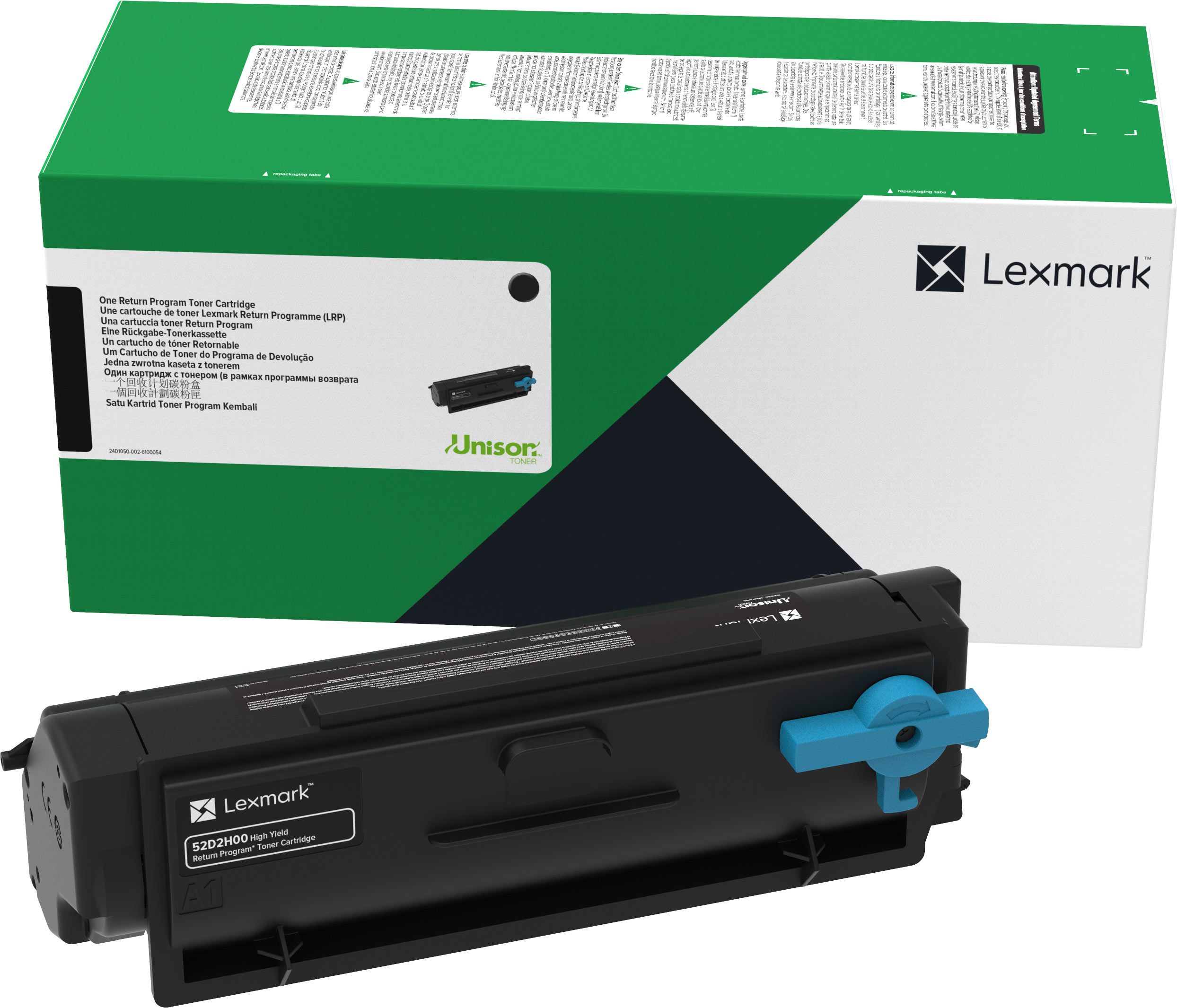 Eine grüne und weiße Lexmark-Drucker-Tonerkartuschenbox und -Patrone auf weißem Hintergrund.
