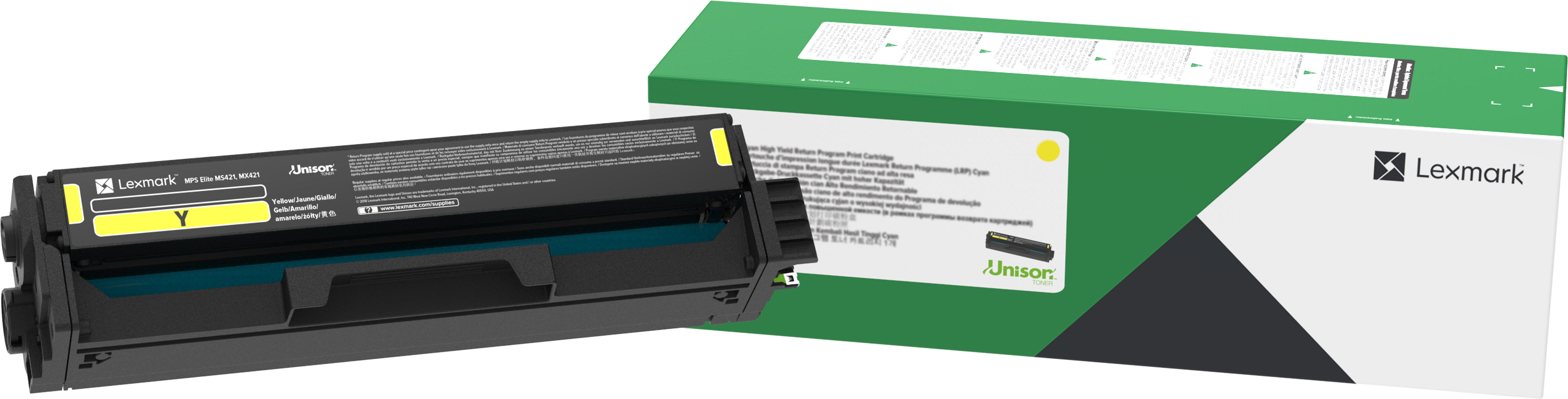 Eine gelbe Tonerkartusche und eine grün-weiße Lexmark-Box.