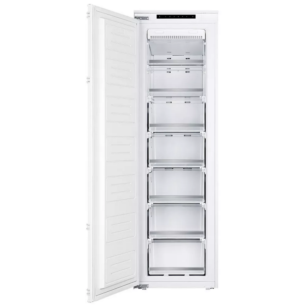 Un refrigerador blanco, abierto, con múltiples estantes y cajones. El interior es visible.