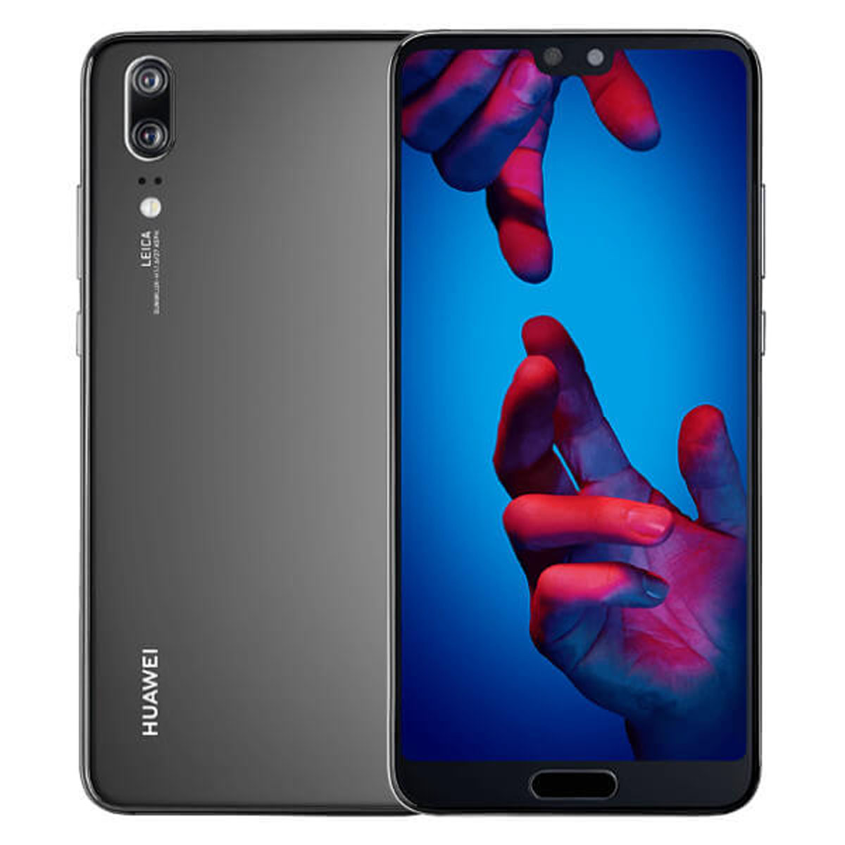 Telefono Huawei nero che mostra mani che toccano uno schermo blu e rosso. Il retro mostra Huawei e Leica.