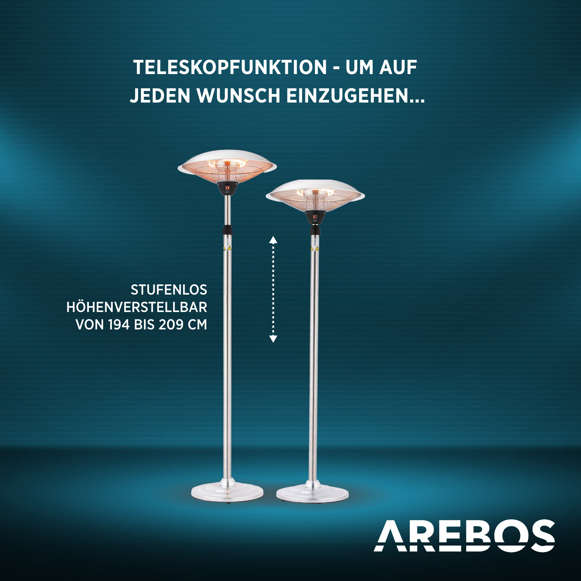 AREBOS 2 Leistungsstufen | Teleskopstange Standheizstrahler, | Kipp-Abschalter Silber inkl. 2 höhenverstellbare & Heizröhren