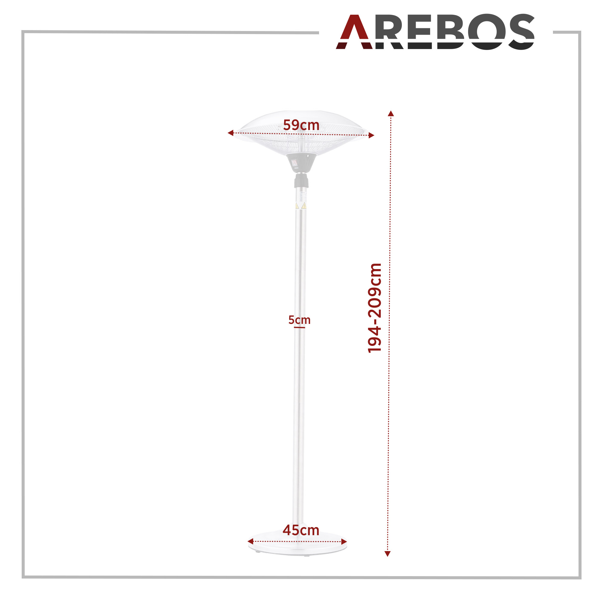 Leistungsstufen AREBOS 2 Heizröhren Standheizstrahler, Teleskopstange inkl. höhenverstellbare Silber | & | Kipp-Abschalter 2