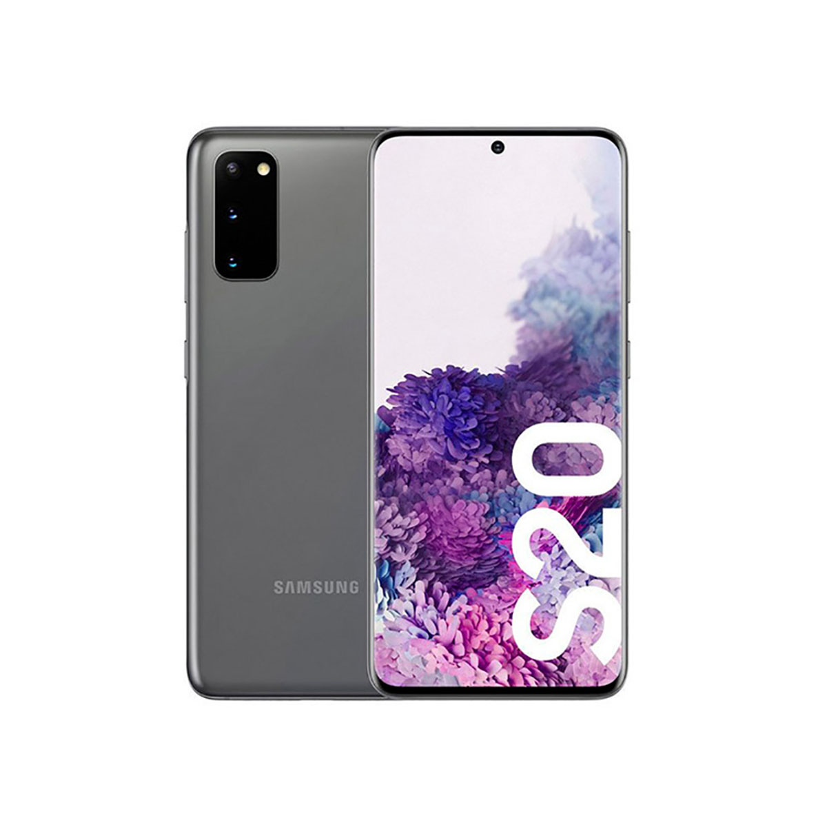 Ein graues Samsung-Telefon mit zwei Kameras auf der Rückseite und dem Wort 'S20' auf dem Bildschirm.