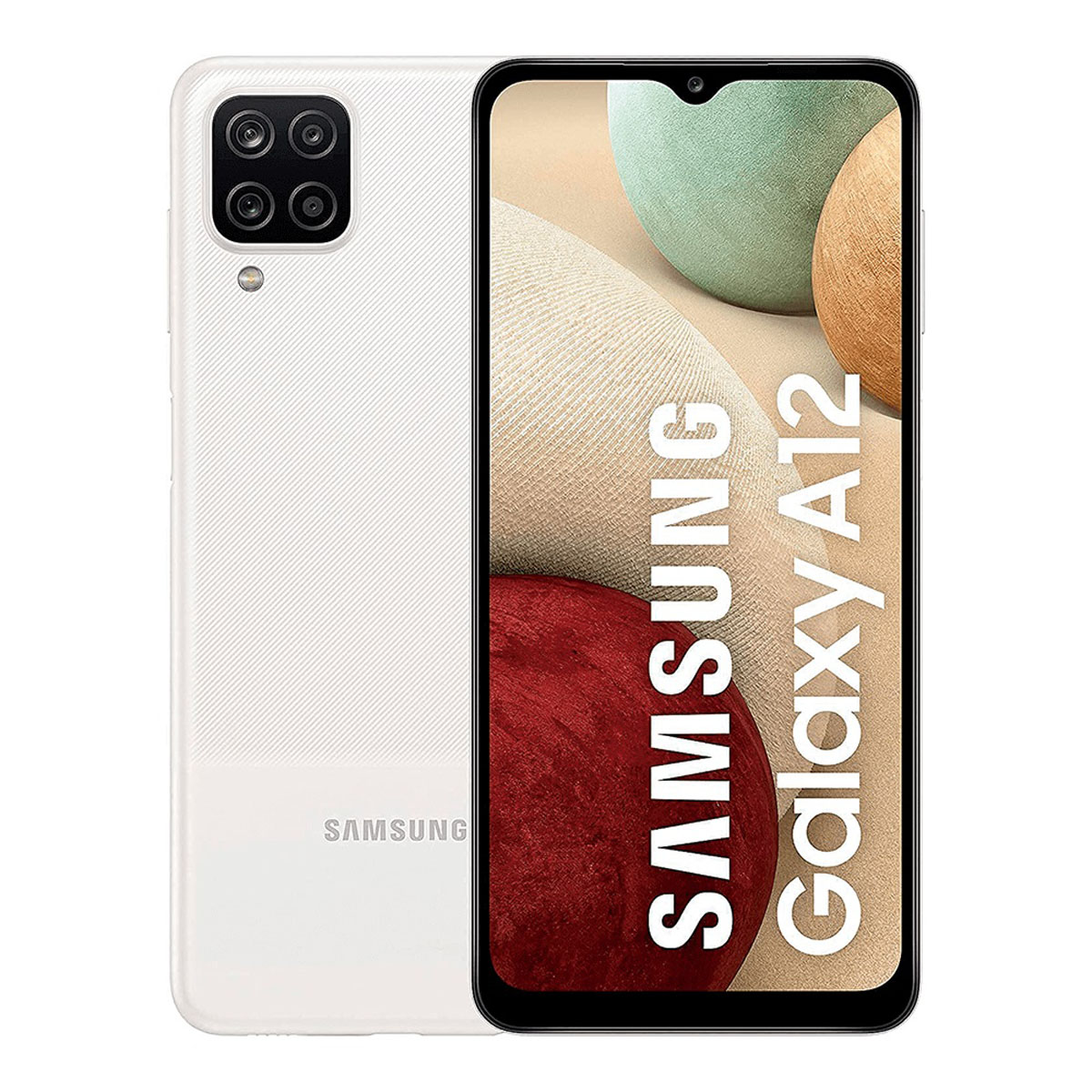 Biały smartfon Samsung Galaxy A12. Tło jest białe. Ekran wyświetla interfejs użytkownika.