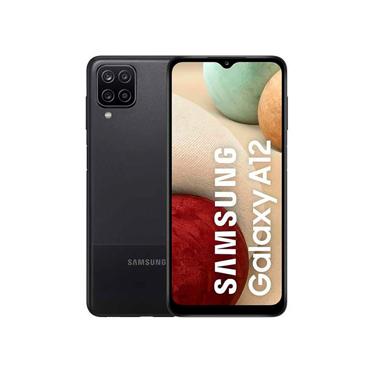 Czarny telefon Samsung Galaxy A12 z widocznym tyłem i przodem. Ekran pokazuje nazwę.