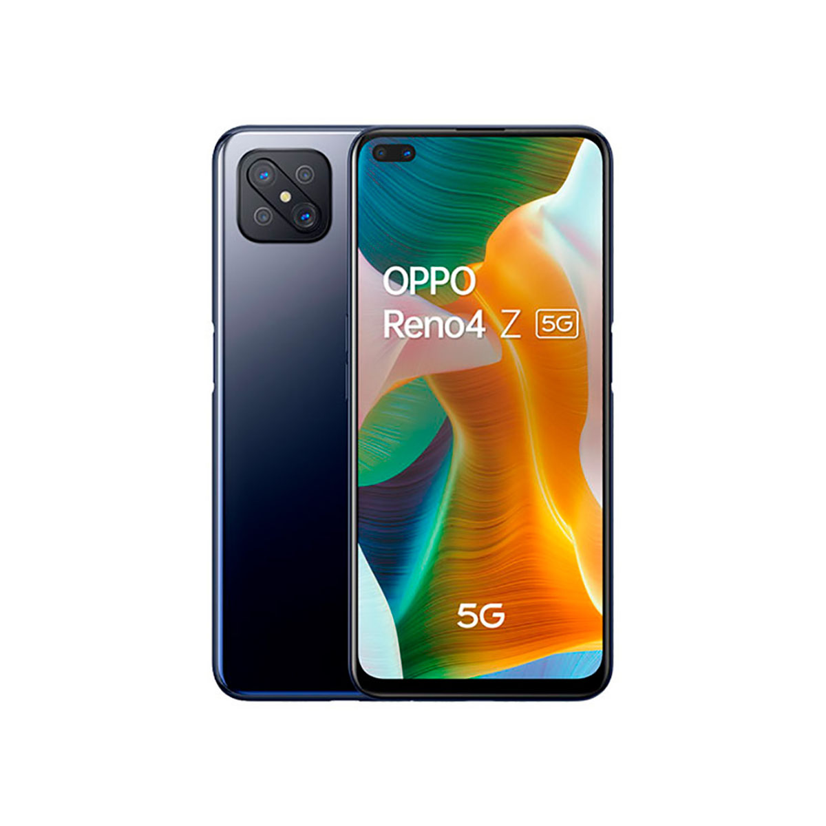 Smartphone mit zwei Rückkameras. Das Telefon ist schwarz und blau mit der Marke OPPO.