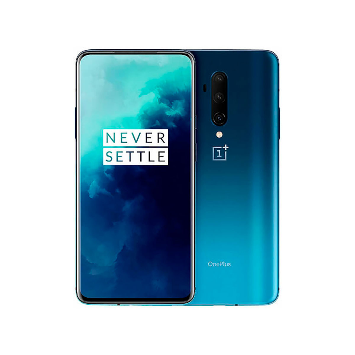 Niebieski telefon OnePlus, widok z przodu i z tyłu, tekst NEVER SETTLE na ekranie.