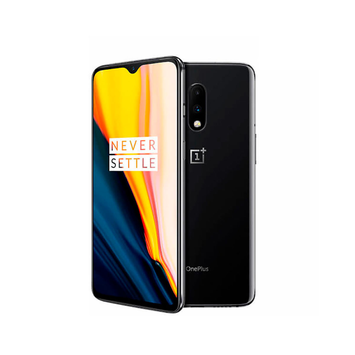 Schwarzes Smartphone mit farbenfrohem Display. Rückseite mit Dreifachkamera.