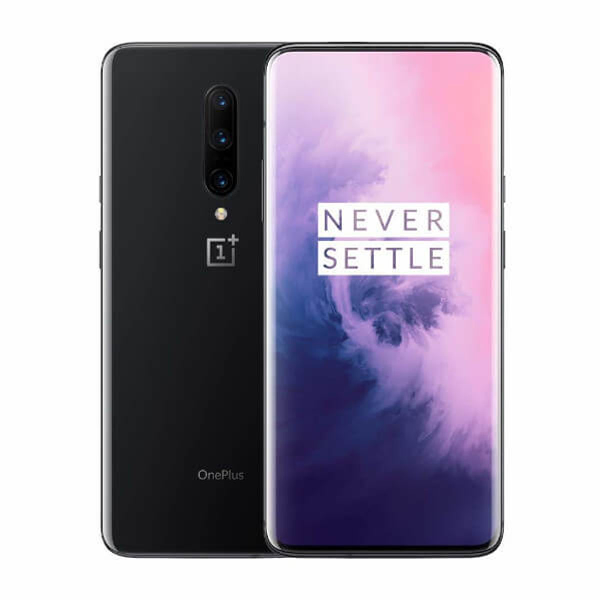 Czarny telefon OnePlus, z tylnym i przednim ekranem, czarny korpus.