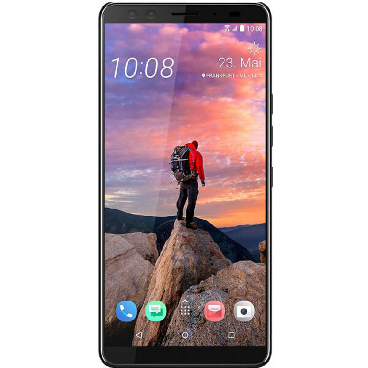 Ein Smartphone zeigt einen Wanderer auf einem Berggipfel mit Sonnenuntergang im Hintergrund.