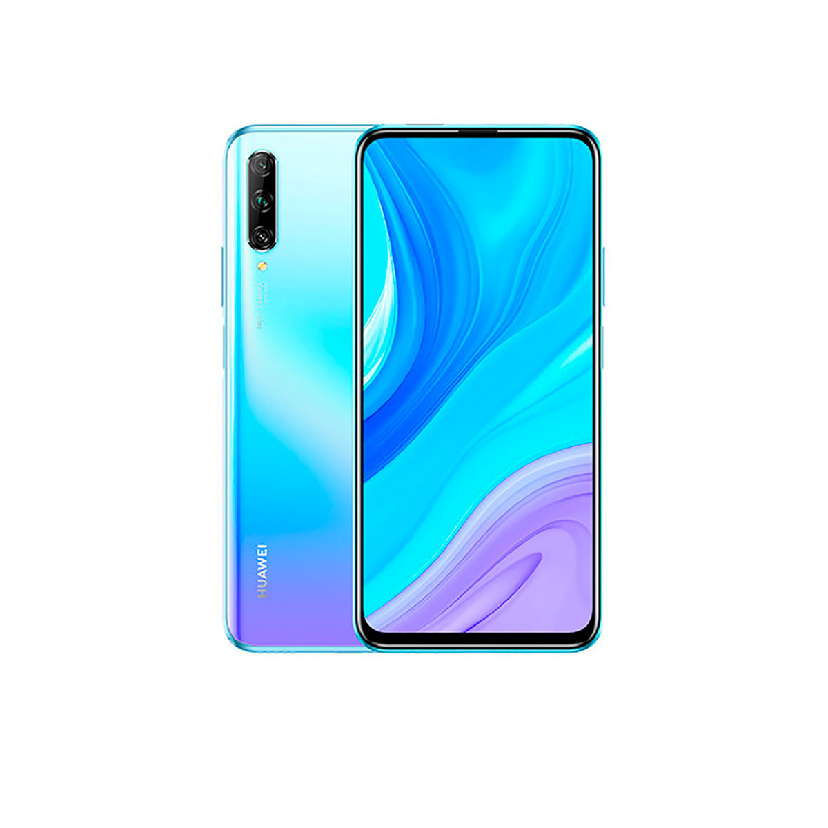 Blaues Gradienten-Huawei-Telefon mit Rück- und Vorderansicht. Der Bildschirm ist eingeschaltet.