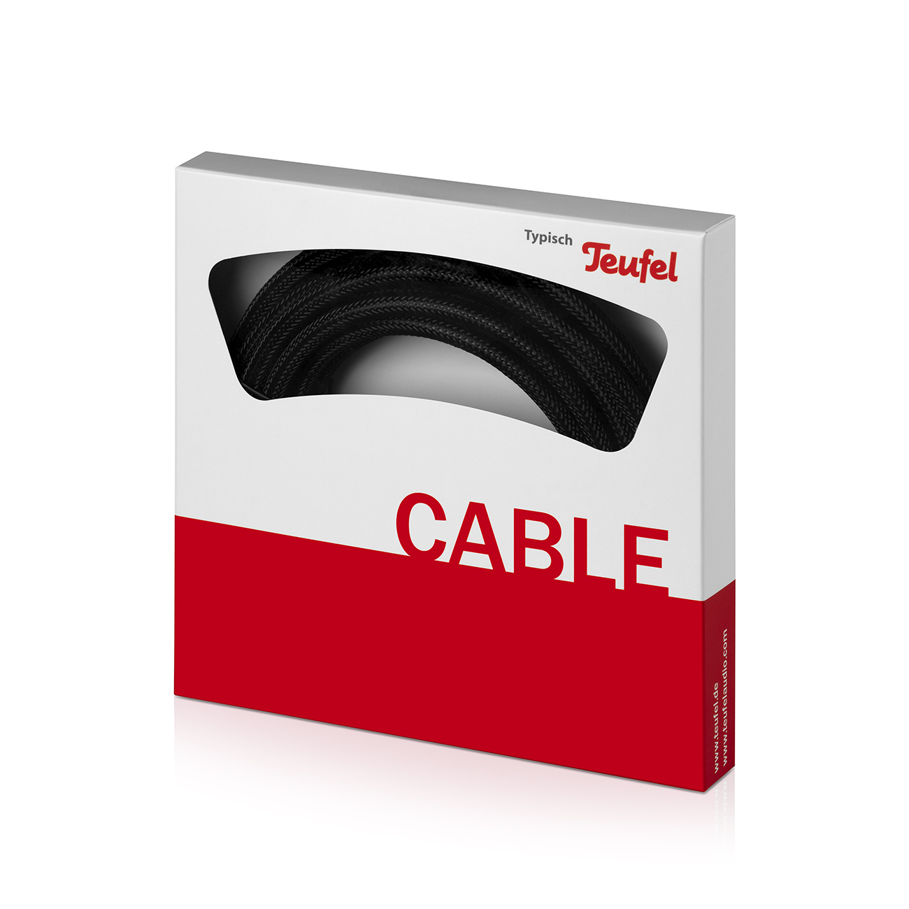 Eine weiße Box mit einem schwarzen Kabel, dem Wort "CABLE" und einem Markenlogo.