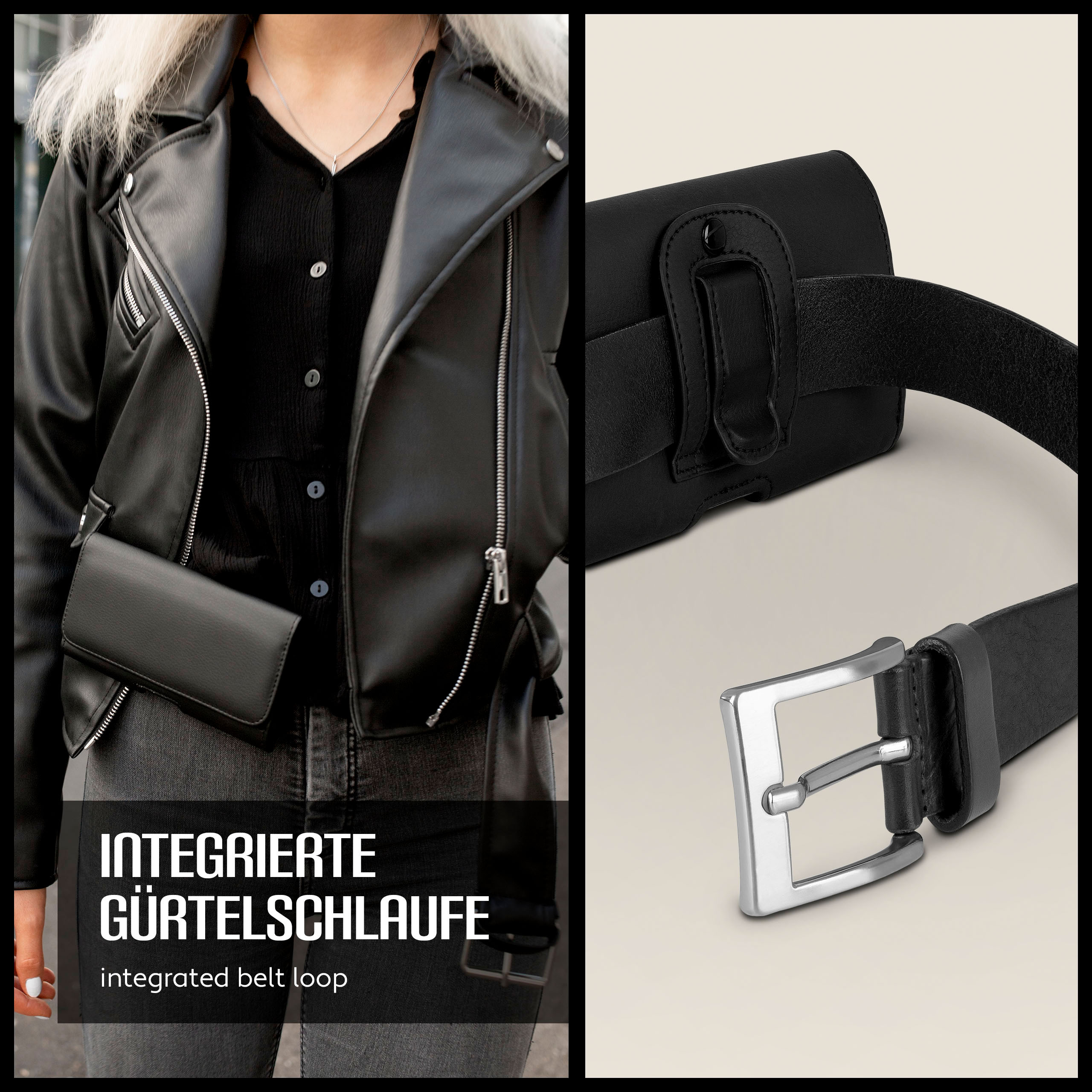 Frau mit schwarzer Jacke und Gürteltasche. Schwarzer Ledergürtel rechts.