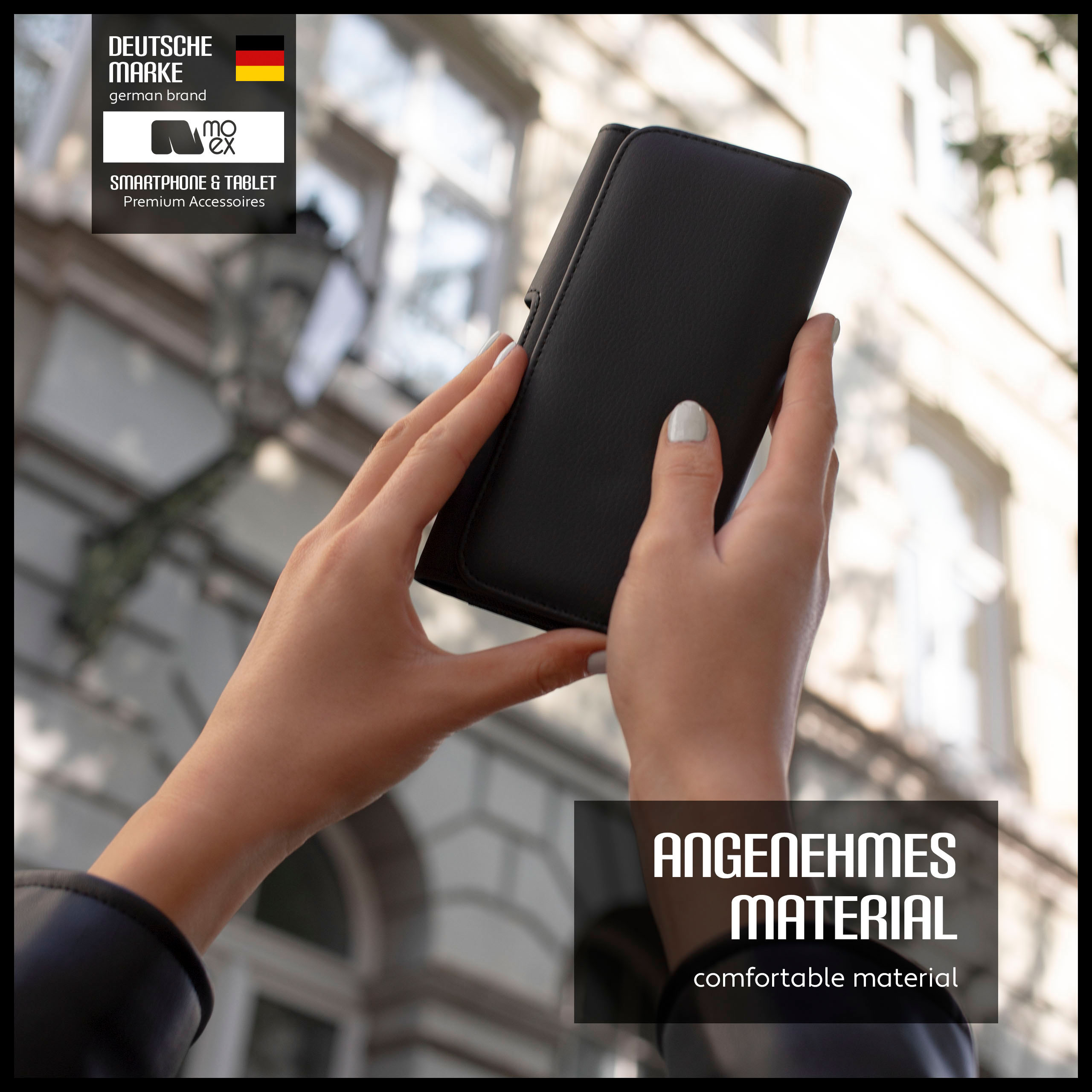 Eine Person hält eine schwarze Brieftaschen-Handyhülle, mit Text über das Material.