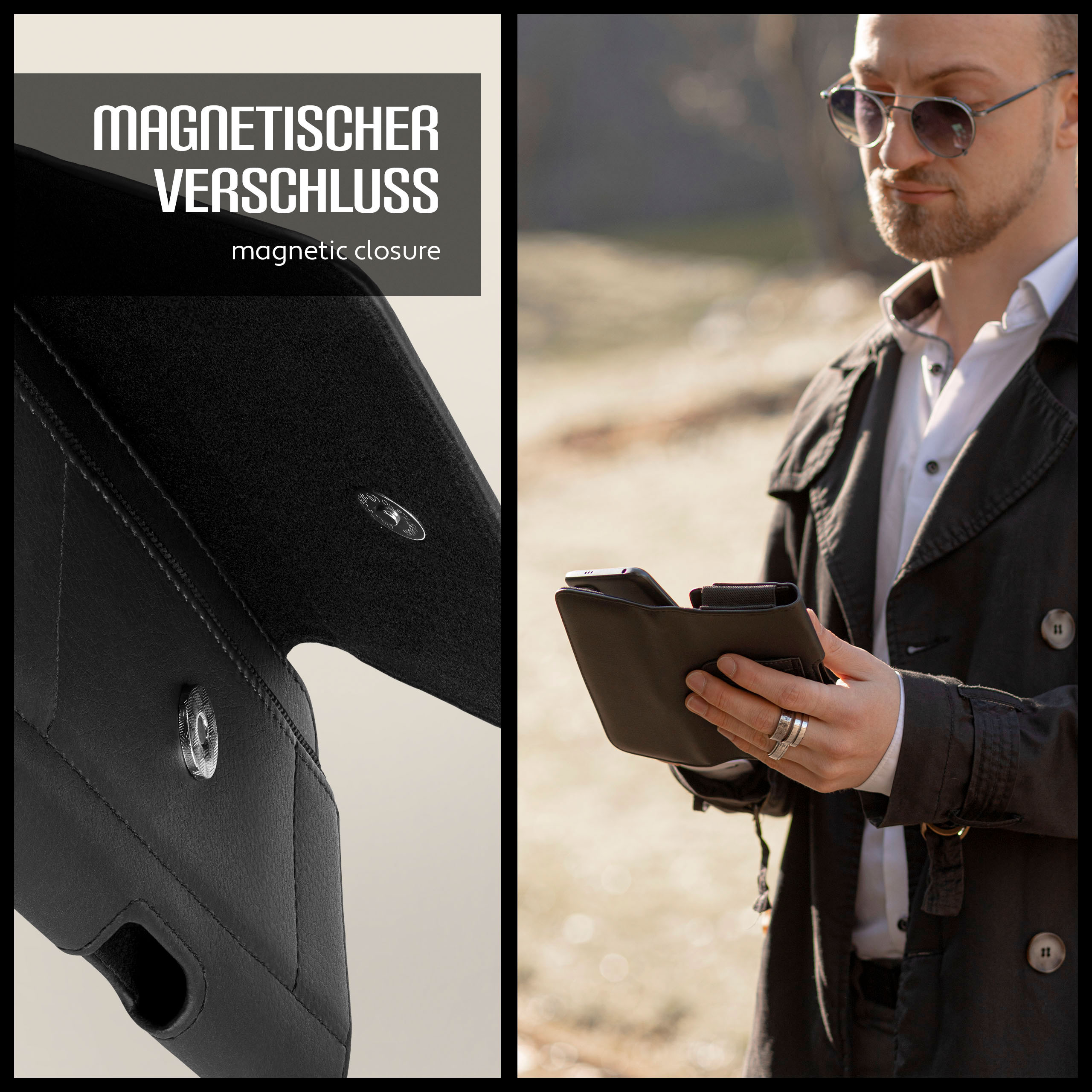 Nahaufnahme einer Brieftasche mit Magnetverschluss und ein Mann mit Sonnenbrille hält eine Brieftasche.