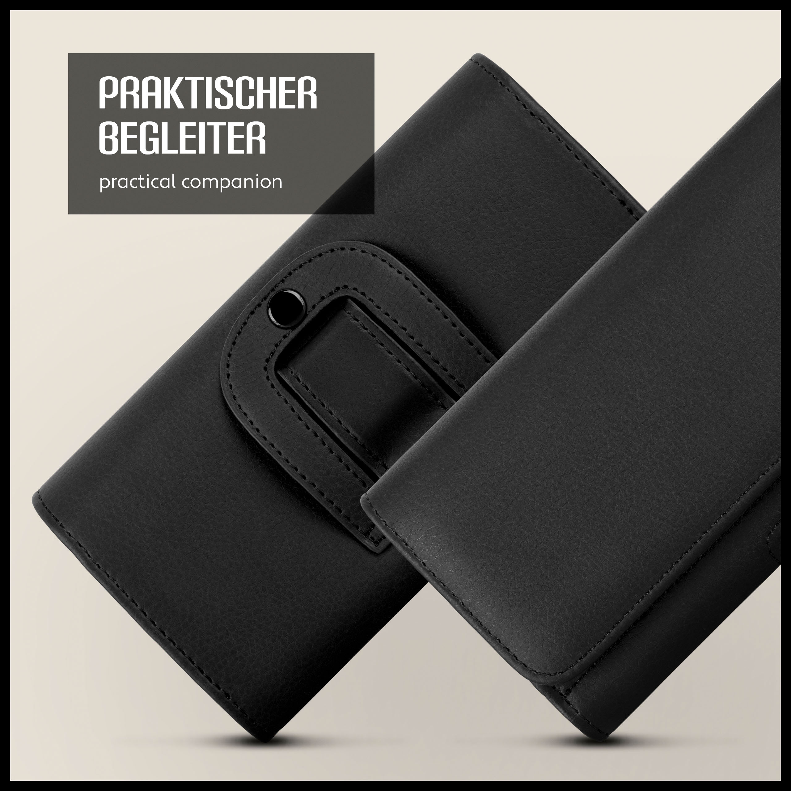 Zwei schwarze Handyhüllen. Eine offen, eine geschlossen. Text auf Deutsch: Praktischer Begleiter.