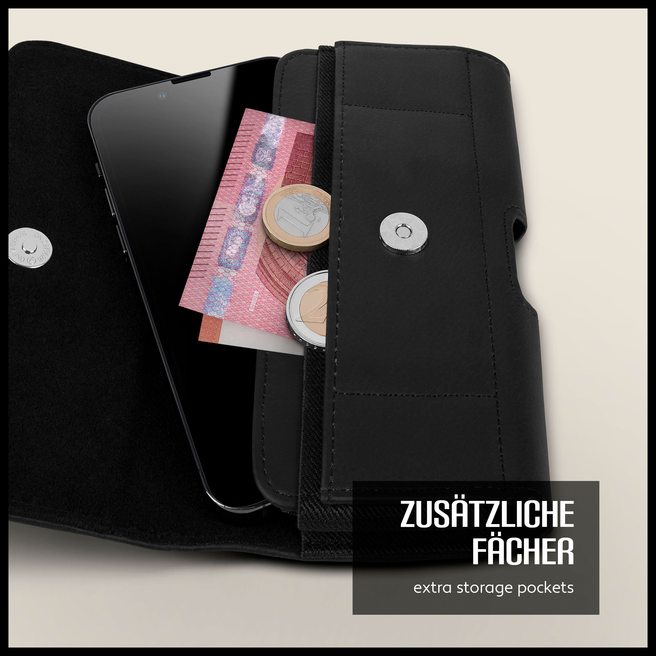 Eine schwarze Handyhülle offen. Innen: Telefon, Banknoten und Münzen. Text auf Deutsch: Zusätzliche Fächer.