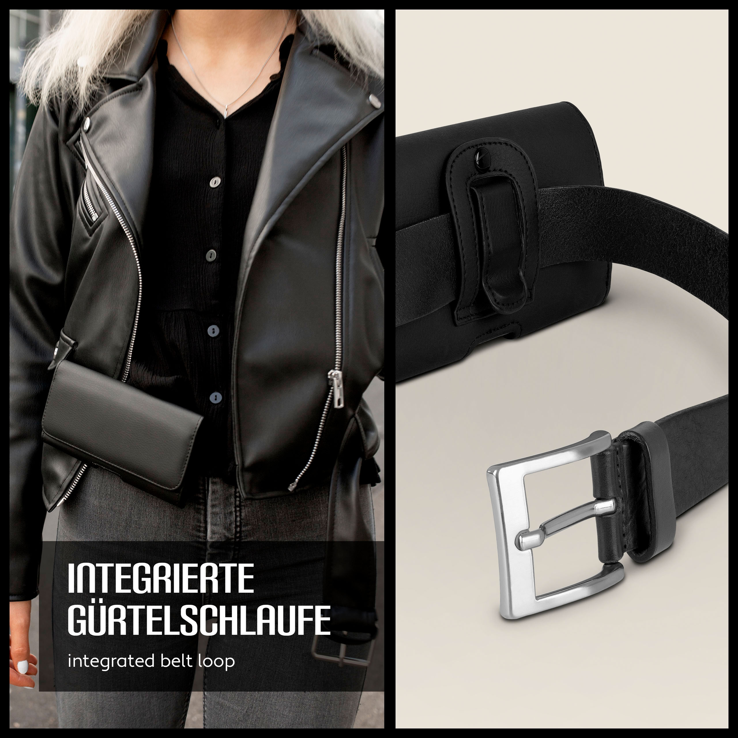 Zwei Bilder: Eine Frau in Lederjacke mit schwarzer Gürteltasche und Nahaufnahme eines Gürtels mit Schnalle.
