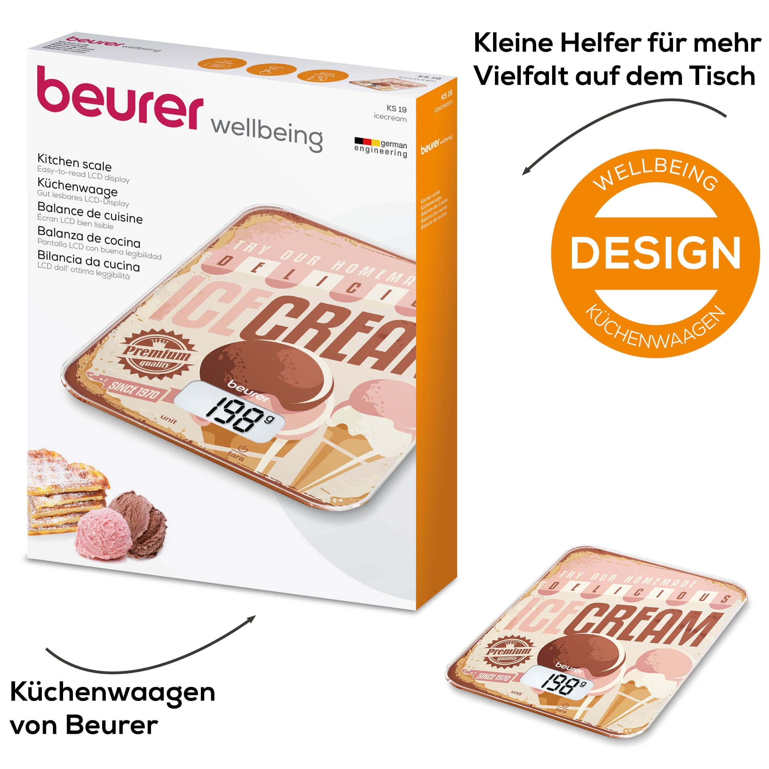 Bilancia da cucina con display gelato. La bilancia è bianca con display digitale. Una scatola con gelato.