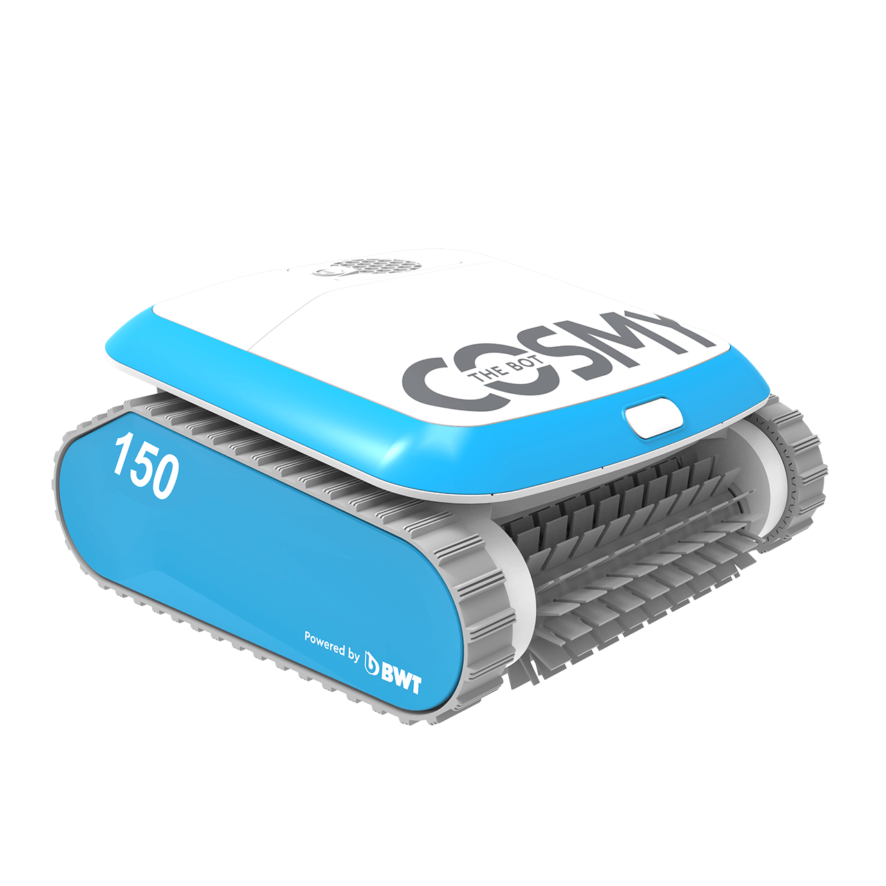Limpiador robótico azul y blanco con orugas y una parte superior blanca con el logo Cosmo The Bot.