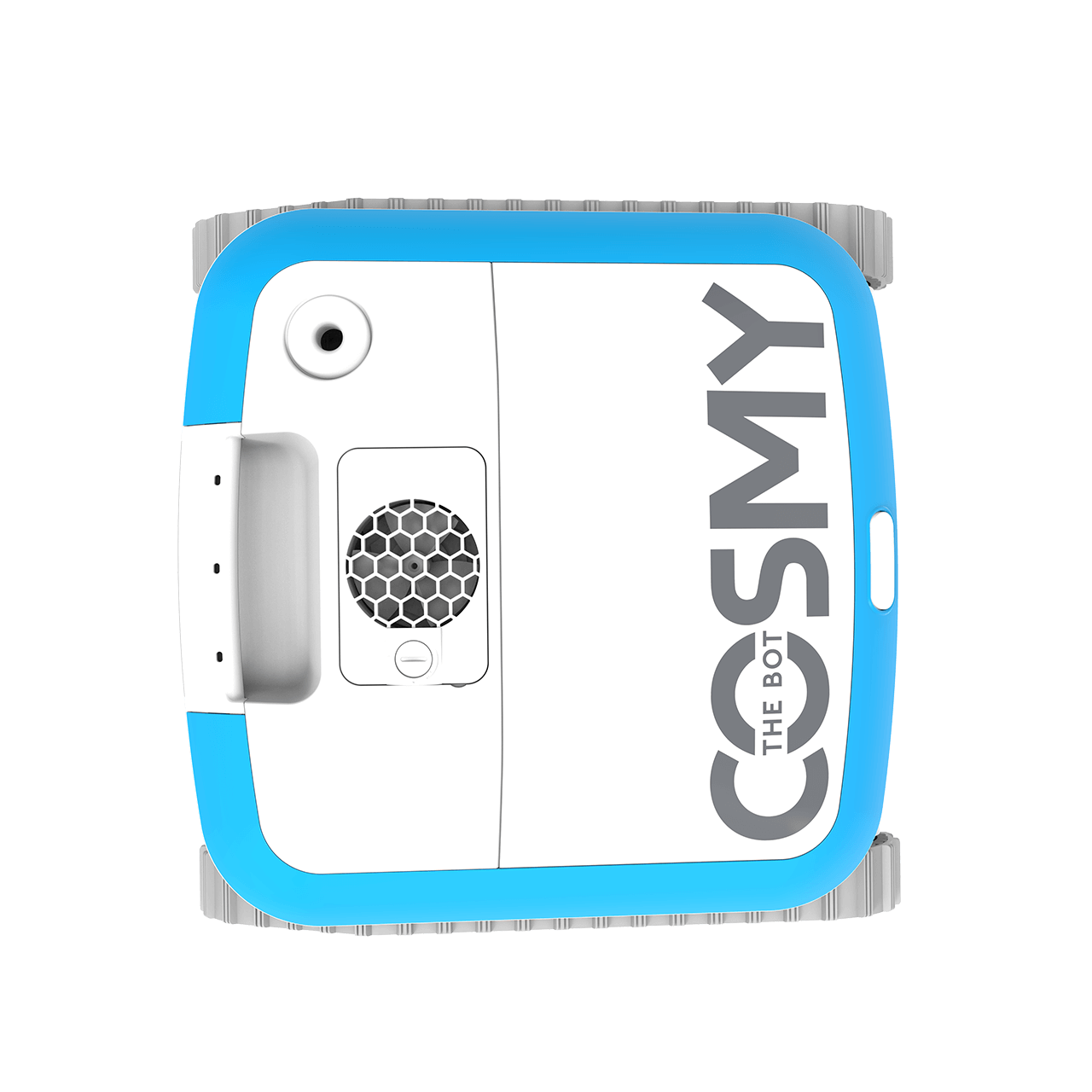 Un bot azul y blanco con un logo, sobre un fondo oscuro. La palabra 'COSMY' es visible.