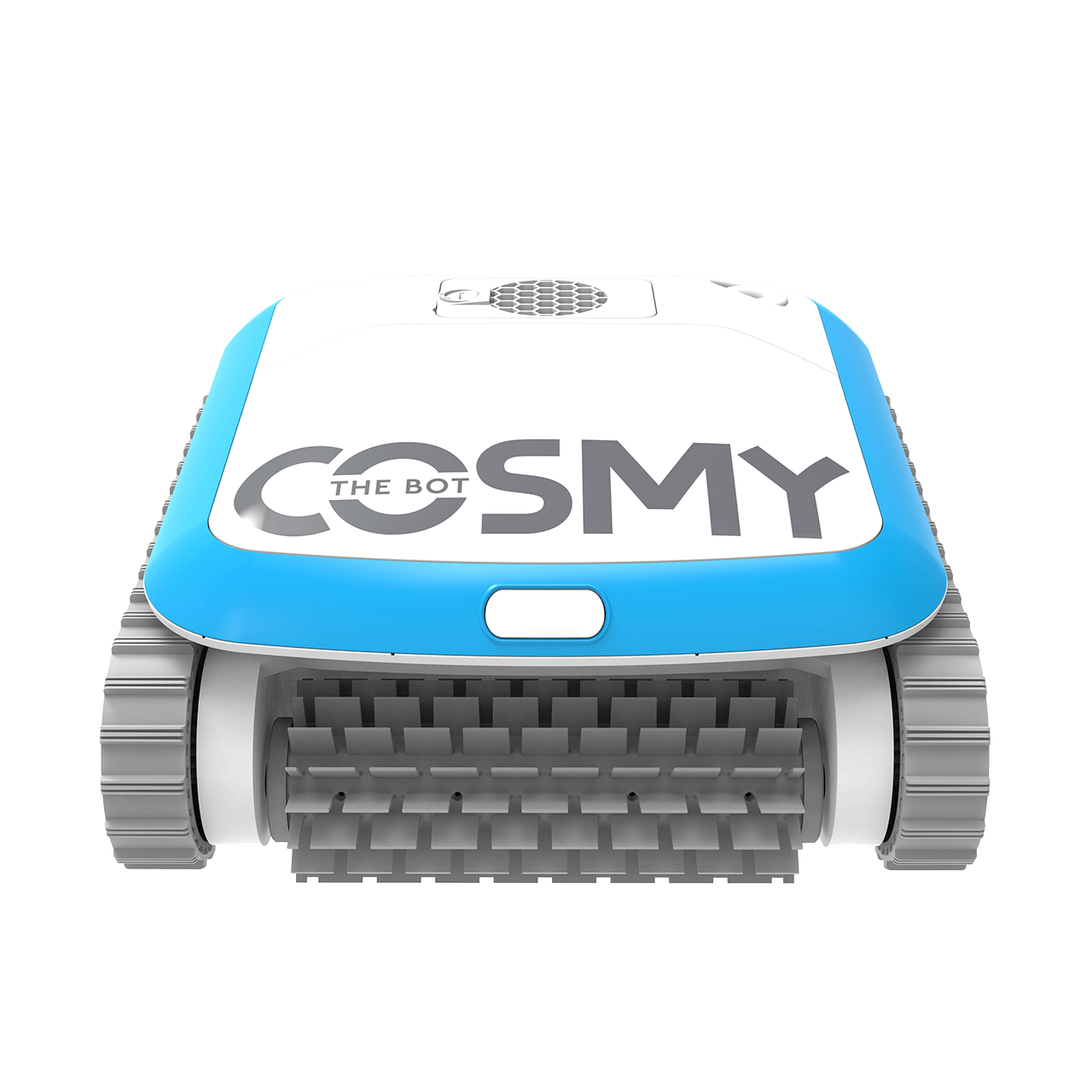 Un limpiador de piscina robótico azul y blanco con la marca 'COSMY THE BOT', sobre negro.