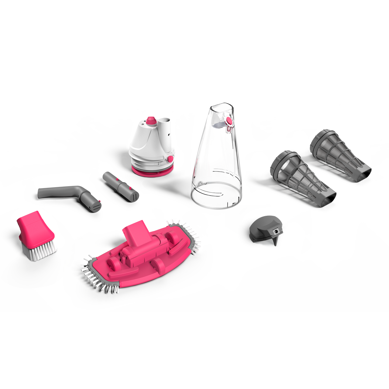 Verschiedene rosa und wei ße Reinigungsteile.