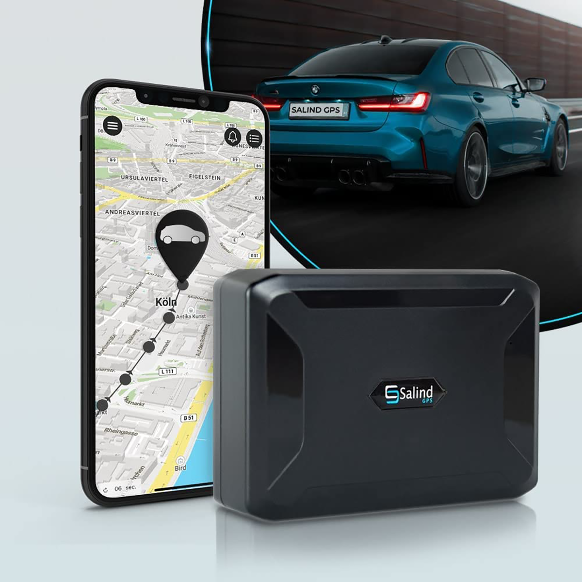 Ein Auto mit einem GPS-Gerät und einer Telefon-App.