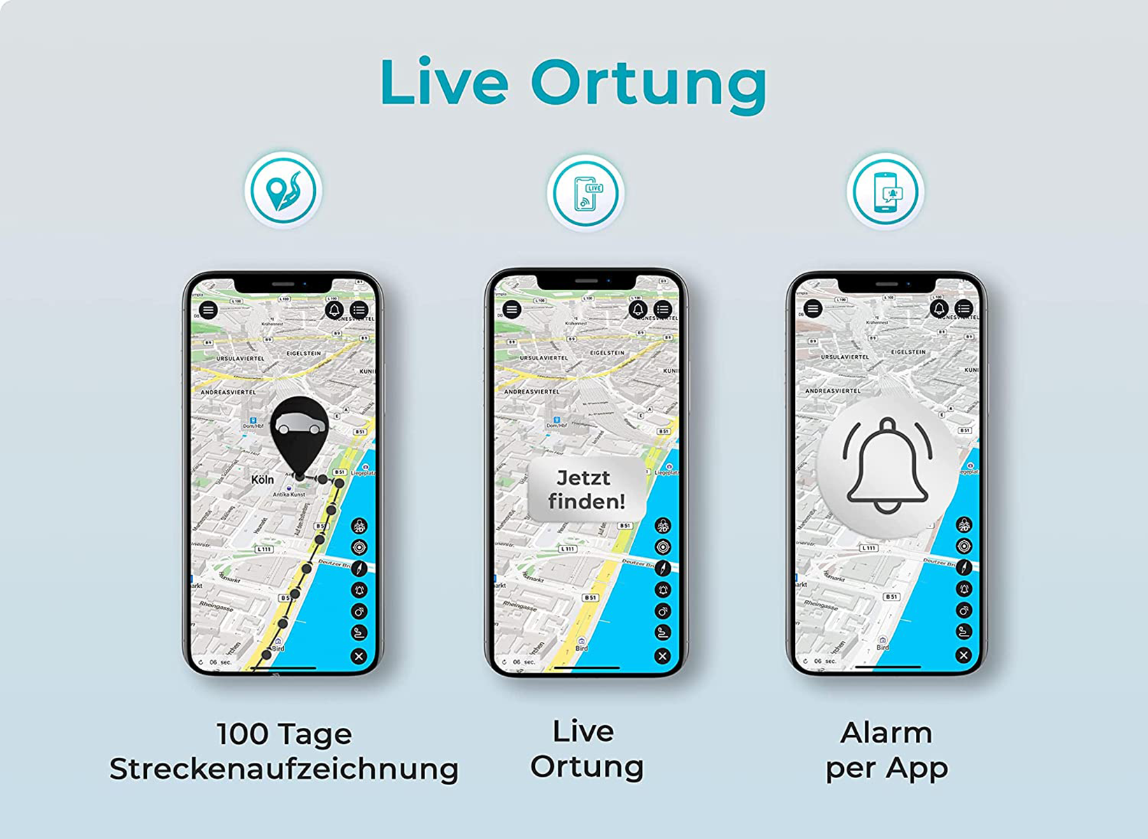 Drei Smartphones zeigen eine Karte mit Standortverfolgungsfunktionen und App-Benachrichtigungen. Text: Live Ortung.