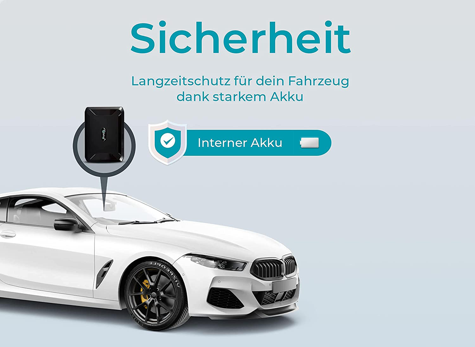 Bild zeigt ein weißes Auto mit einem schwarzen Gerät, das ein Fahrzeugortungssystem mit interner Batterie anzeigt.