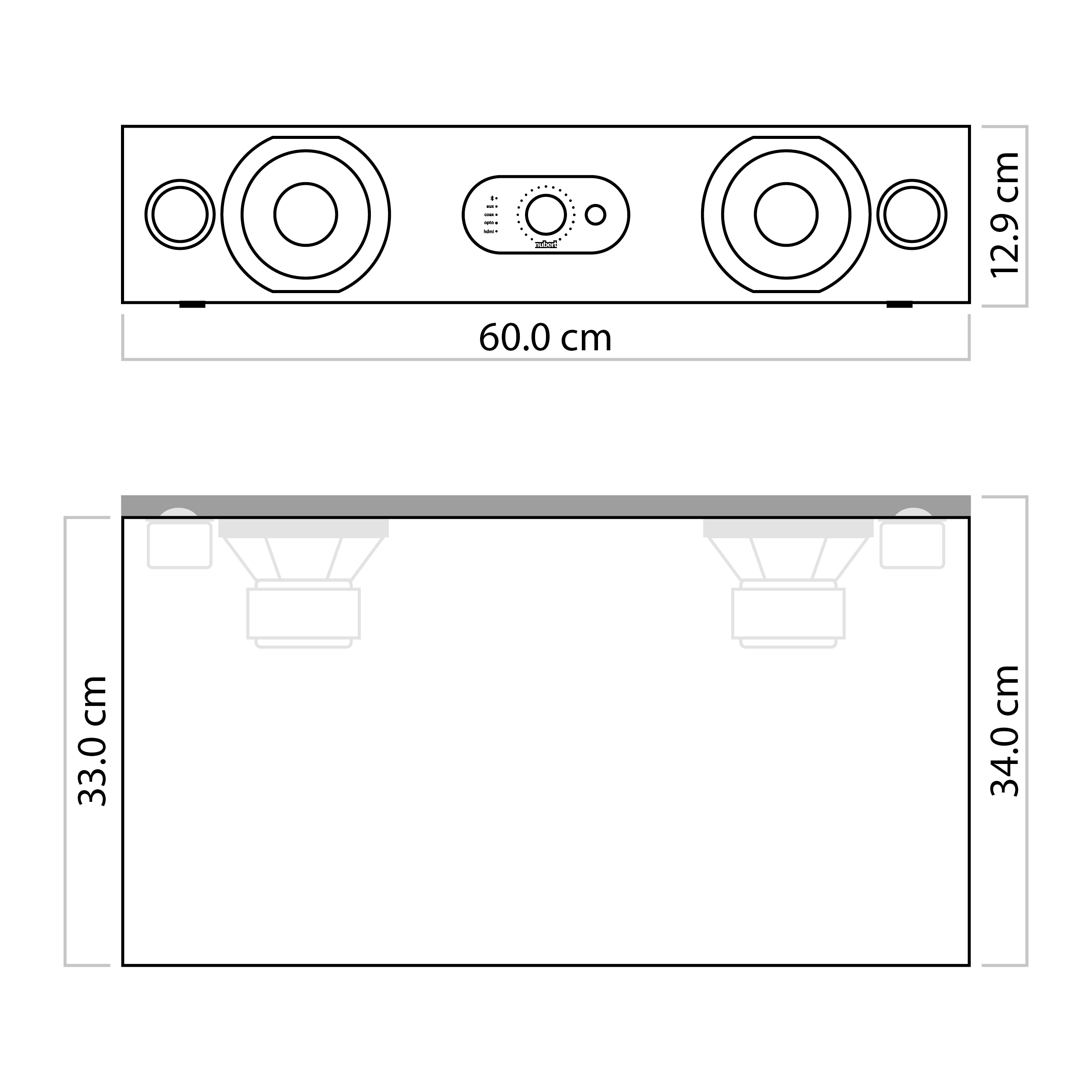Diagramm einer Soundbar mit Abmessungen und Lautsprecherplatzierung.