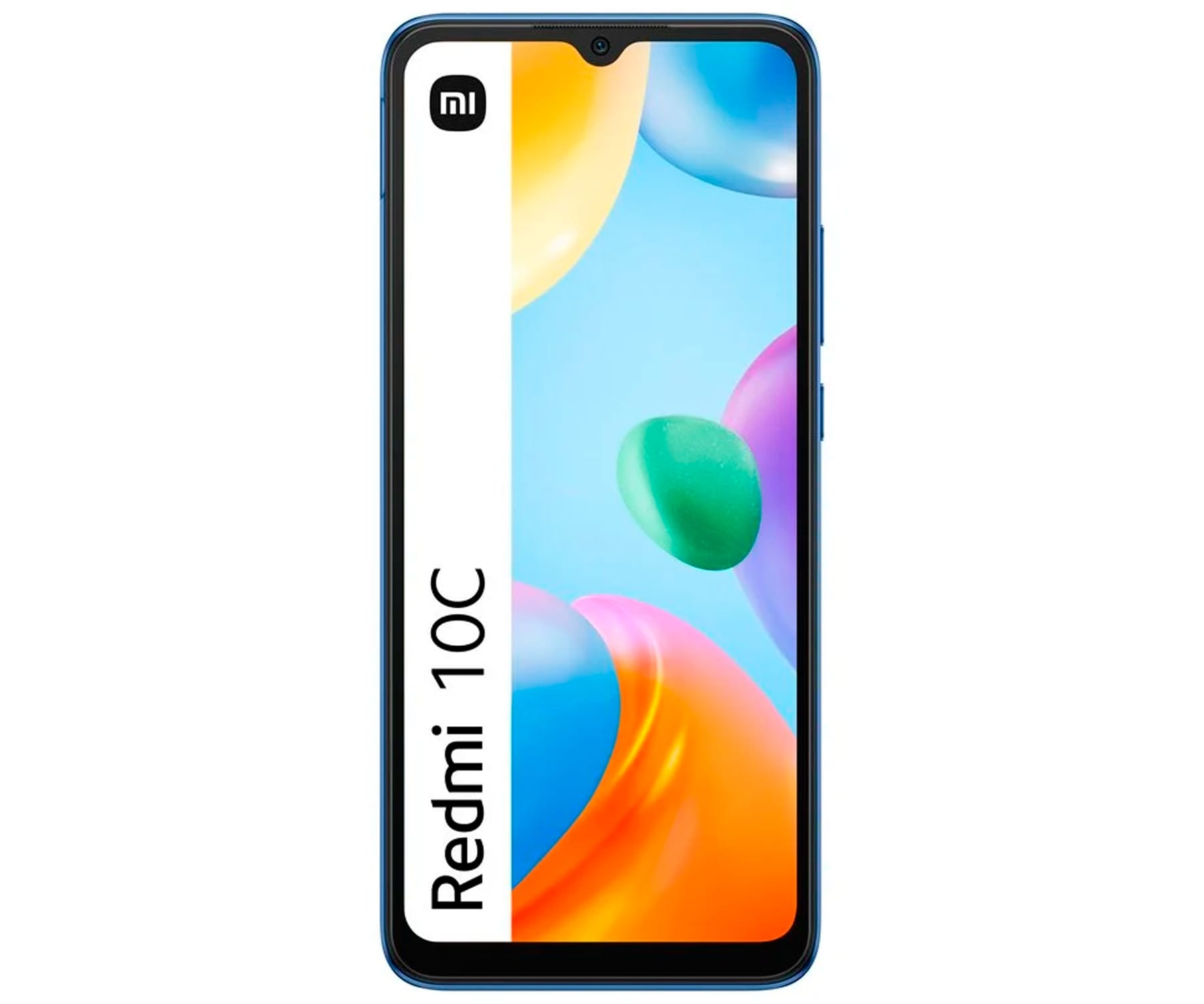 Ein blaues Redmi 10C Smartphone mit einem farbenfrohen Display auf weißem Hintergrund.