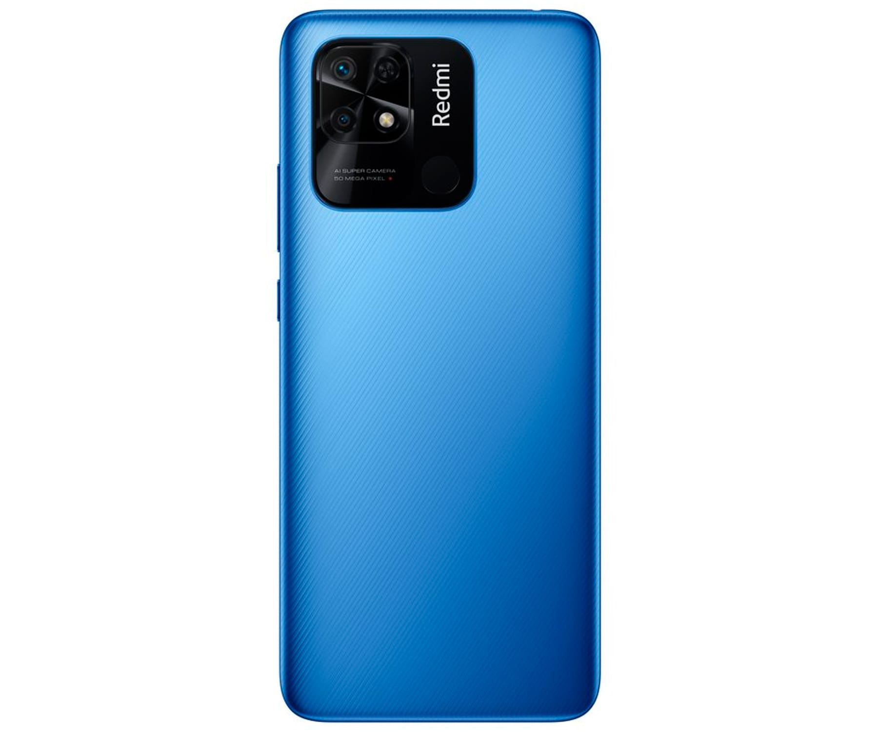 Blaues Redmi-Telefon mit Kameralinsen. Die Rückseite hat eine strukturierte Oberfläche und das Redmi-Logo.