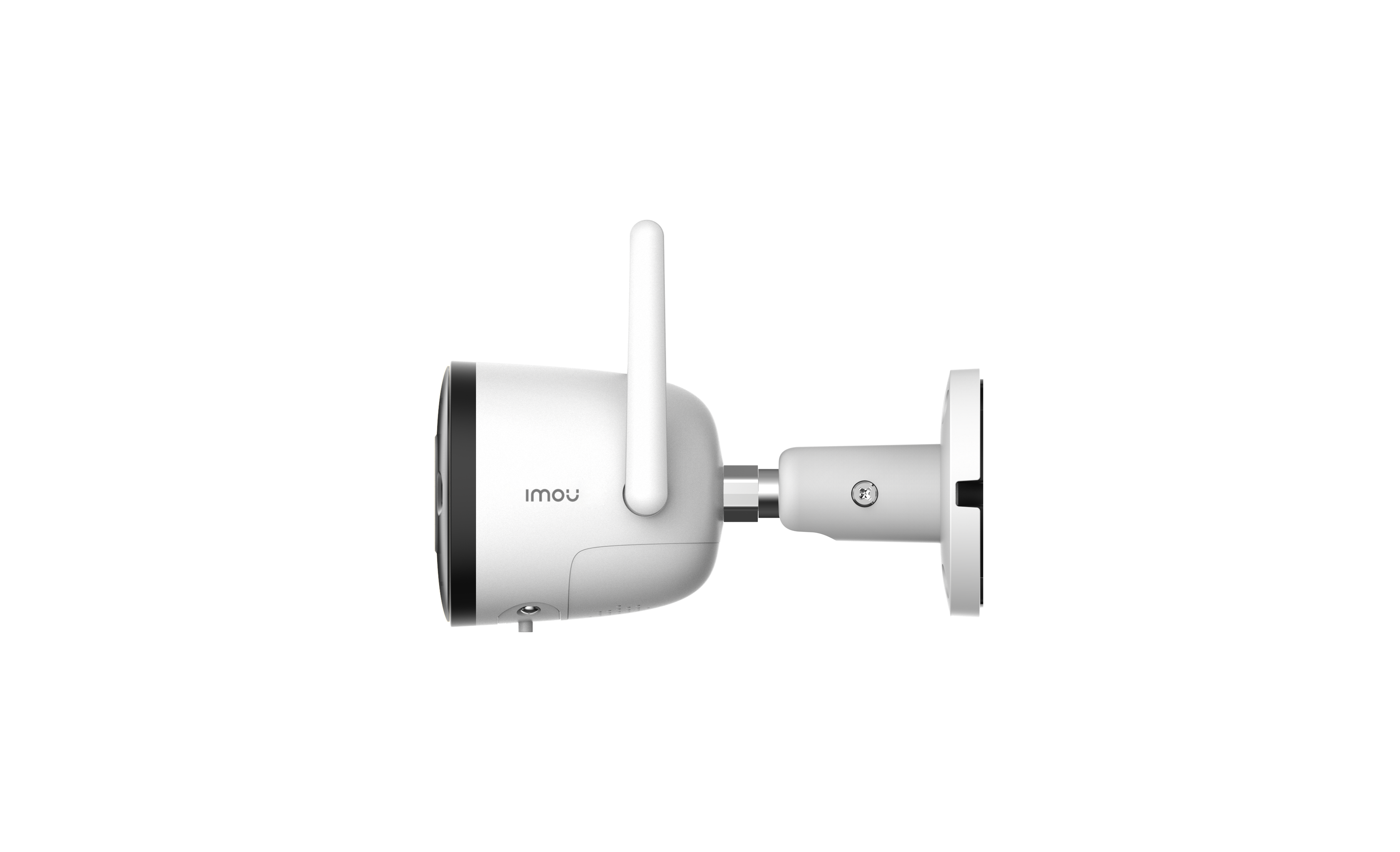Weiße Überwachungskamera. Die Kamera hat eine lange Antenne und ist an einer Wand montiert.