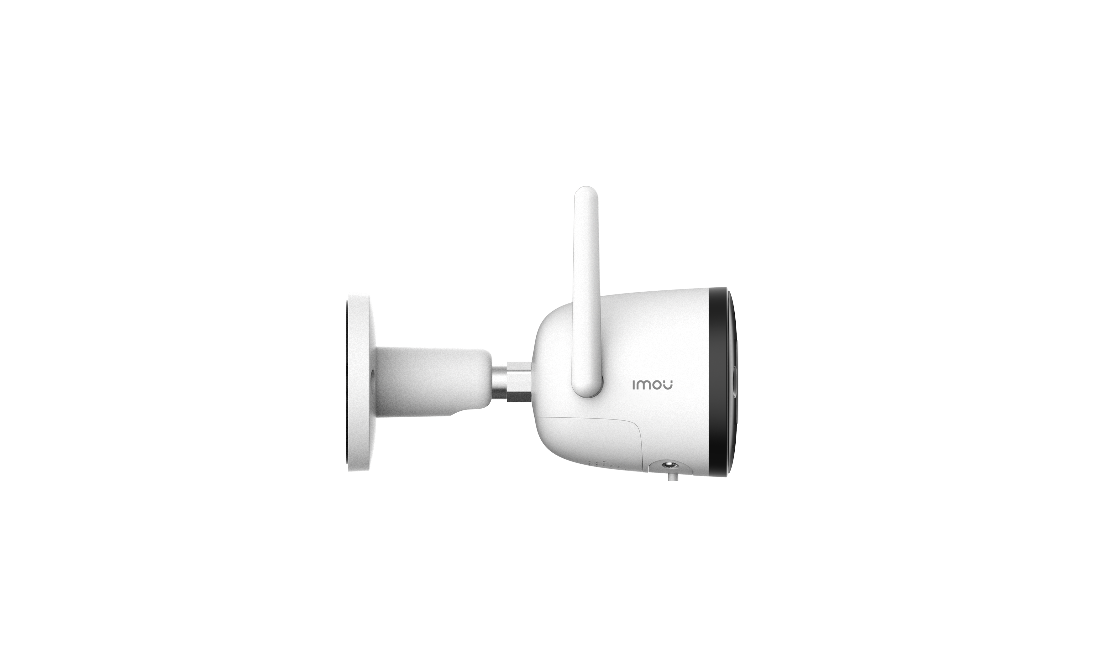 Eine weiße Überwachungskamera mit schwarzem Hintergrund. Eine weiße Antenne ist sichtbar.
