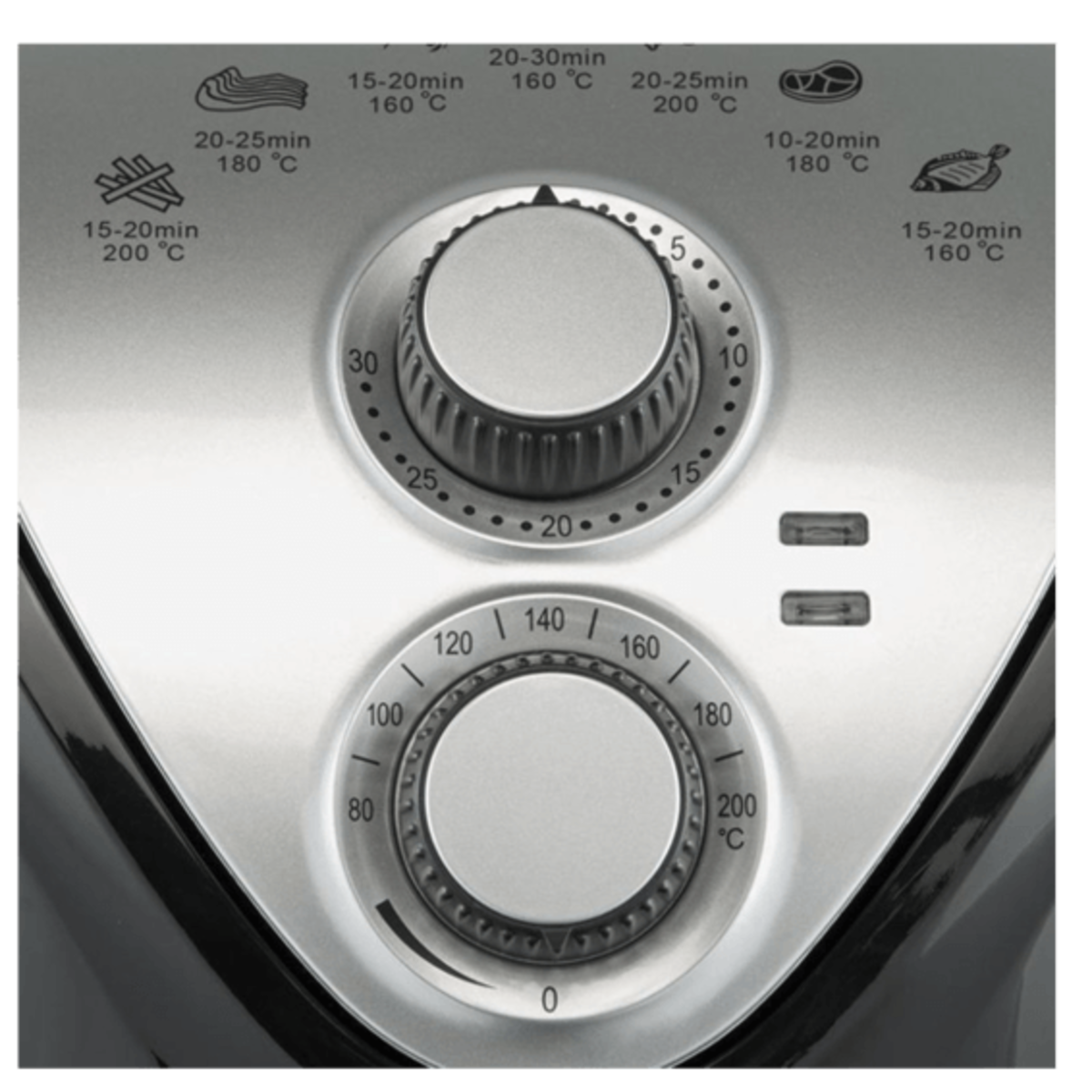 Zbliżenie elementów sterujących frytkownicy beztłuszczowej. Pokazuje timer i pokrętło temperatury.